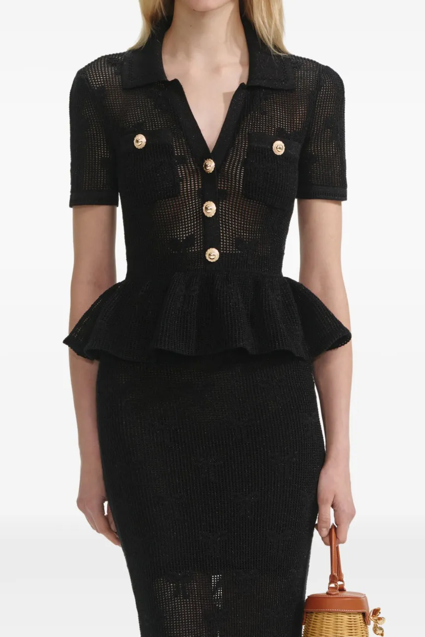 Metal Button Ruffle Top & High Waist Midi Skirt Set