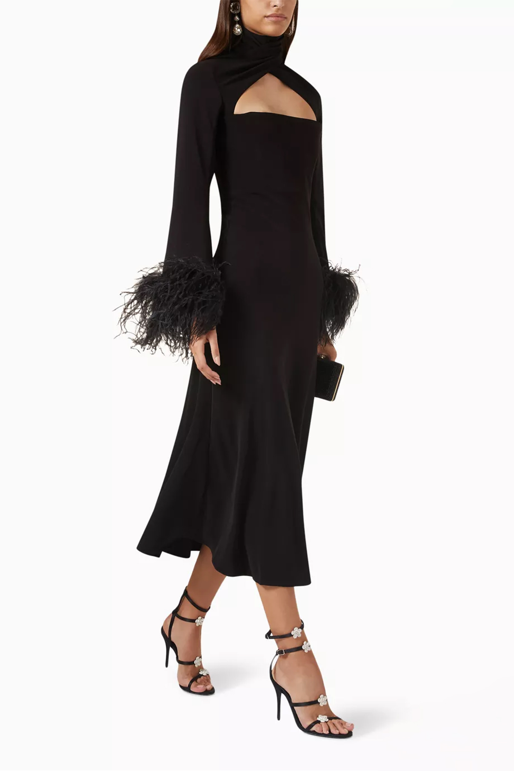Feather Solid High Neck Midi Dress Black