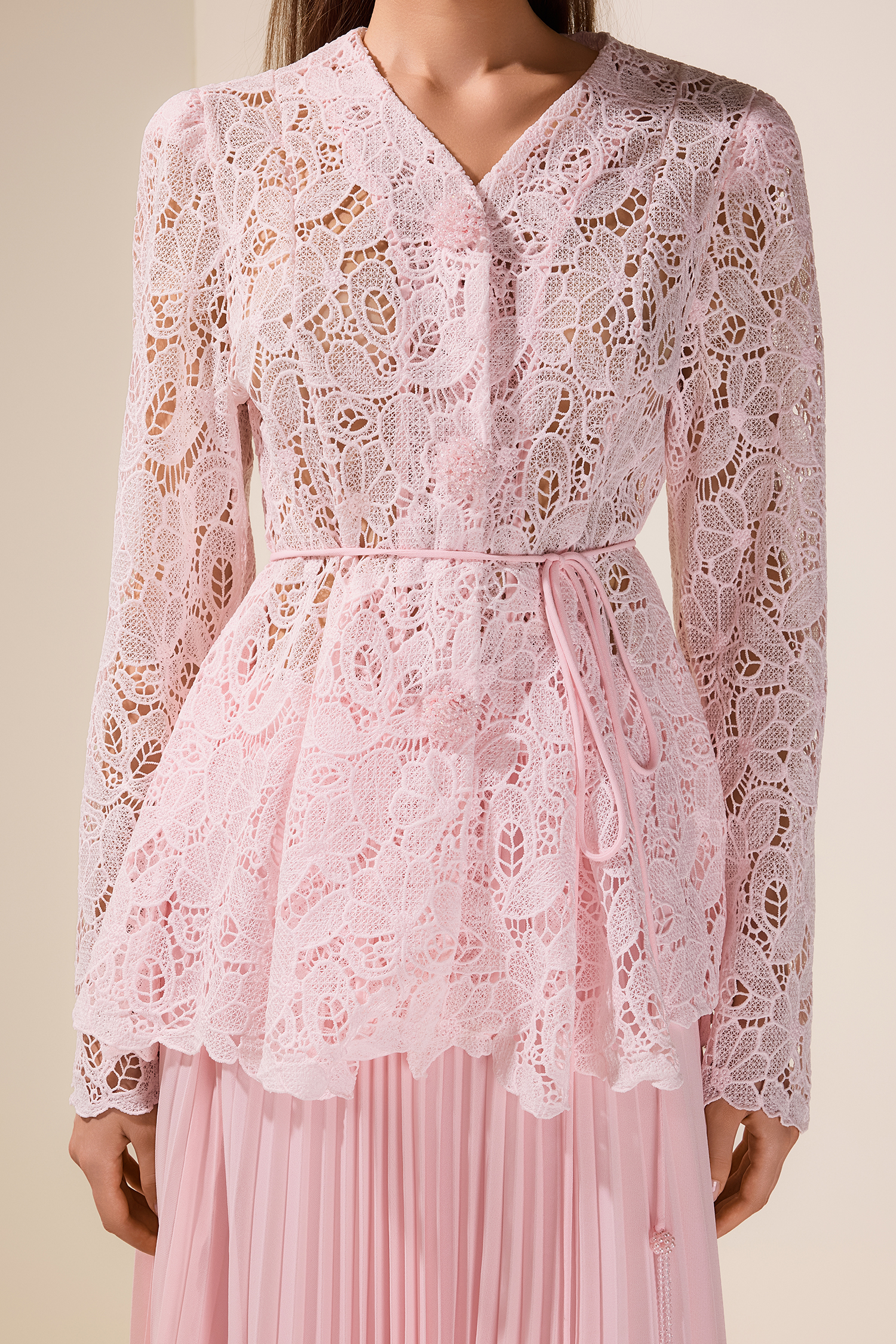 Lace Rhinestone Top With Belt & High Waist Pleated Maxi Skirt Set