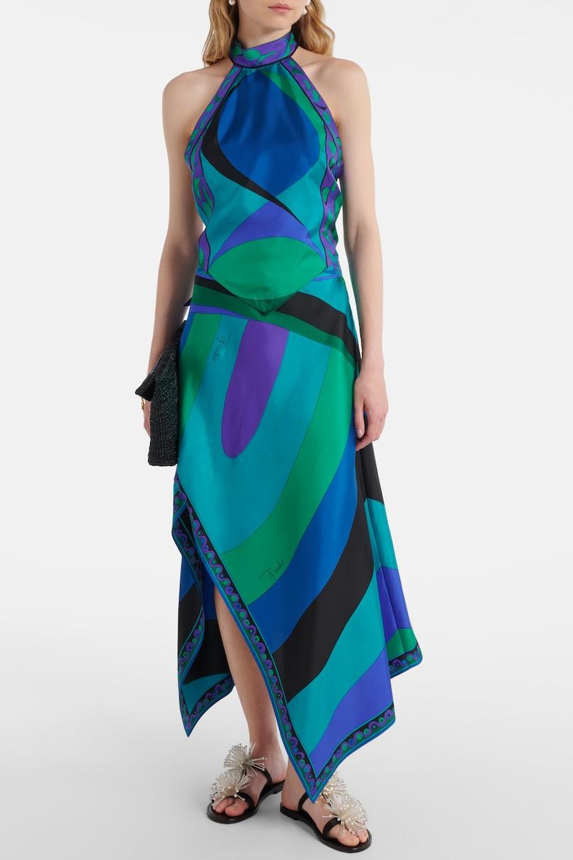 Satin Halter Neck Mini Top & Scarf Print Mid Waist Midi Skirt Set