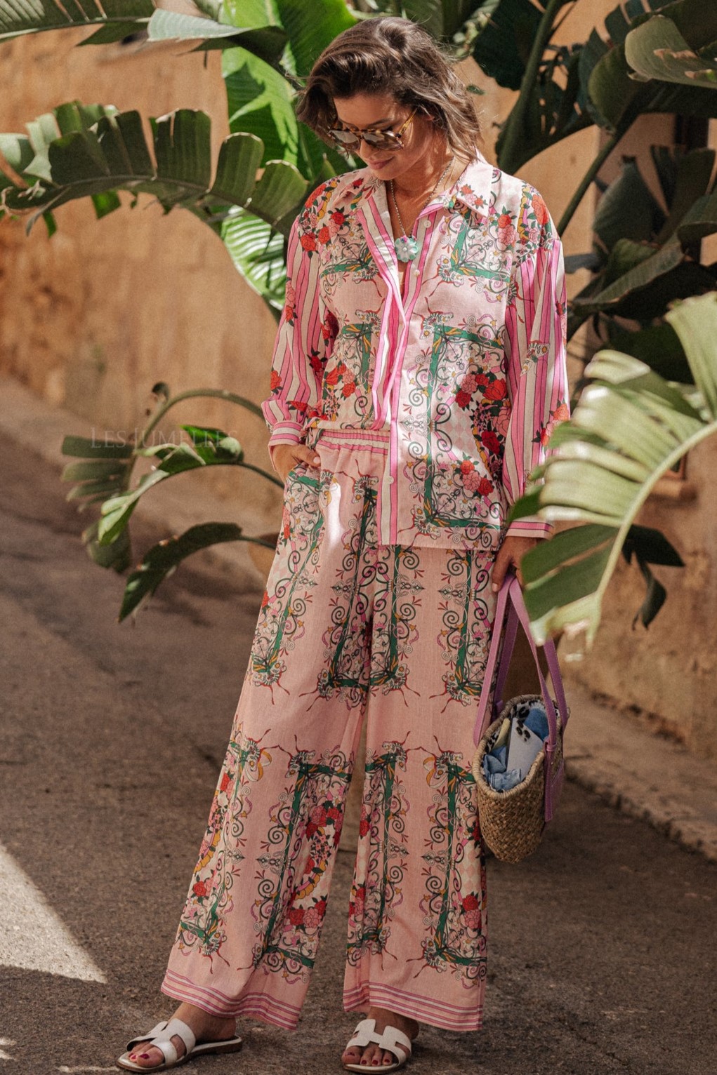 Floral Bottom Long Sleeve Top ＆ Mid Waist Wide Leg Pants Set