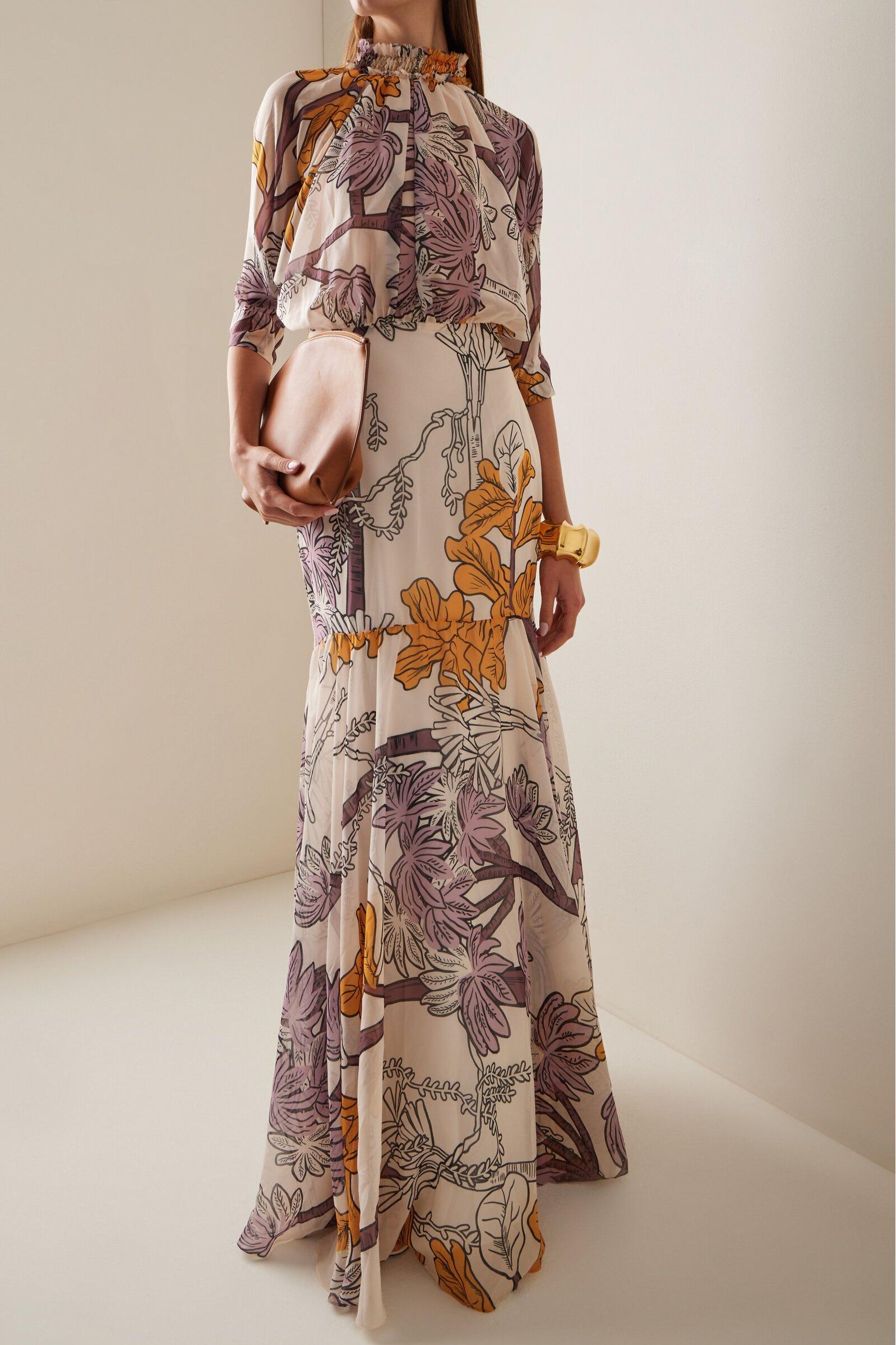 Chiffon Botanical Print Frill Maxi Dress
