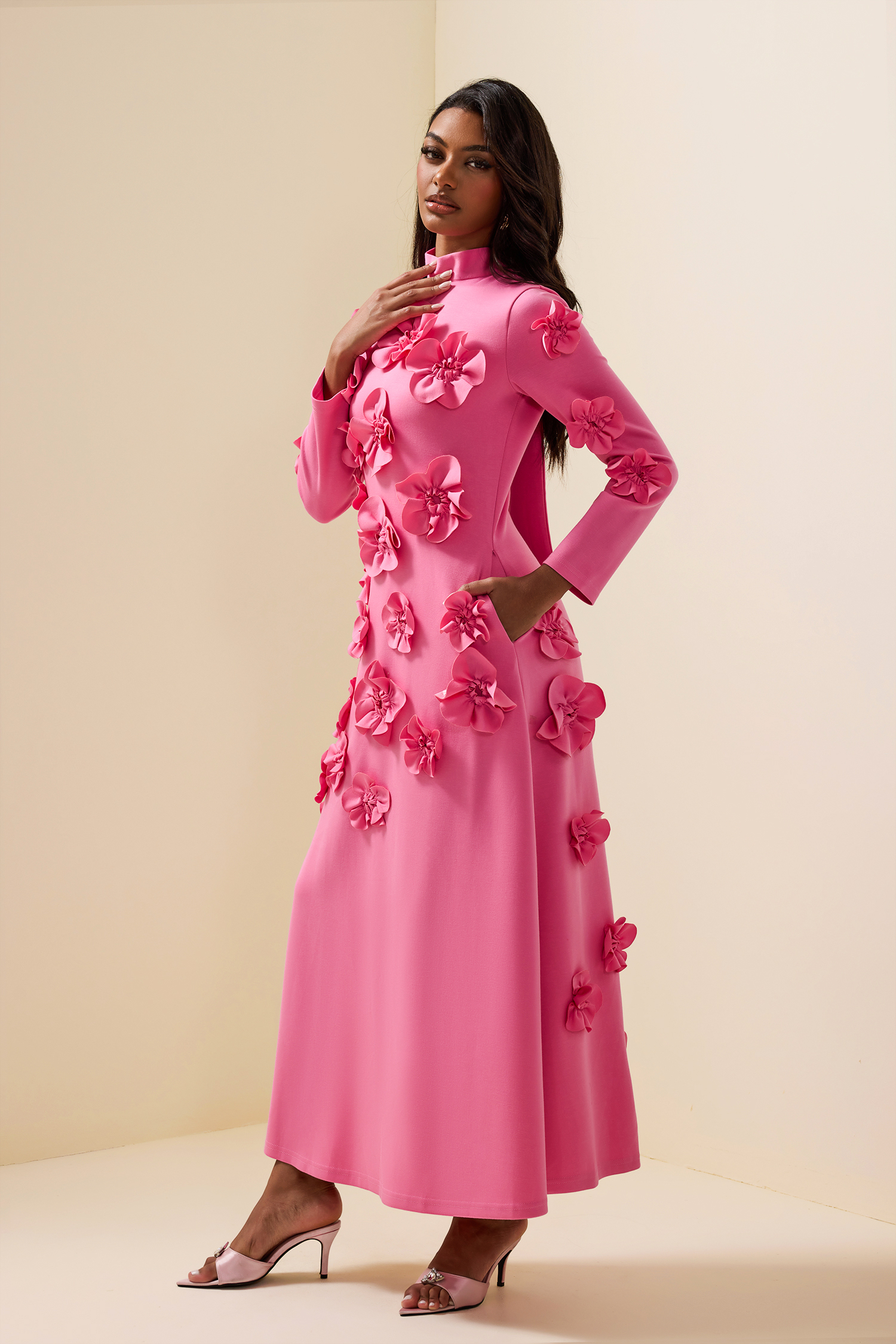 3D Flower Stand Collar Long Sleeve Midi Dress