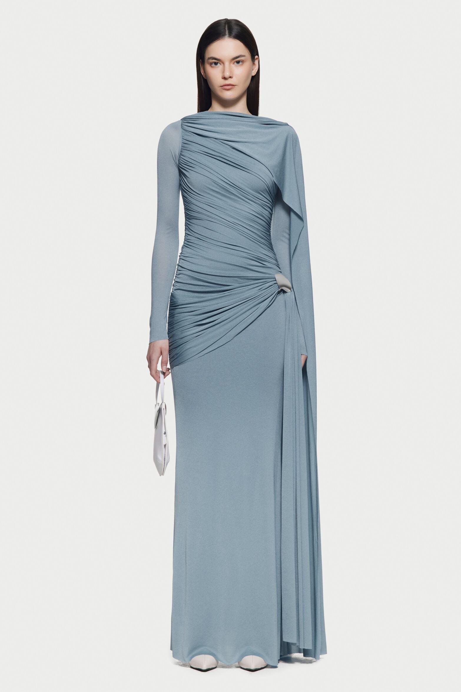 Solid Gathering Metal Button Cape Sleeve Maxi Dress