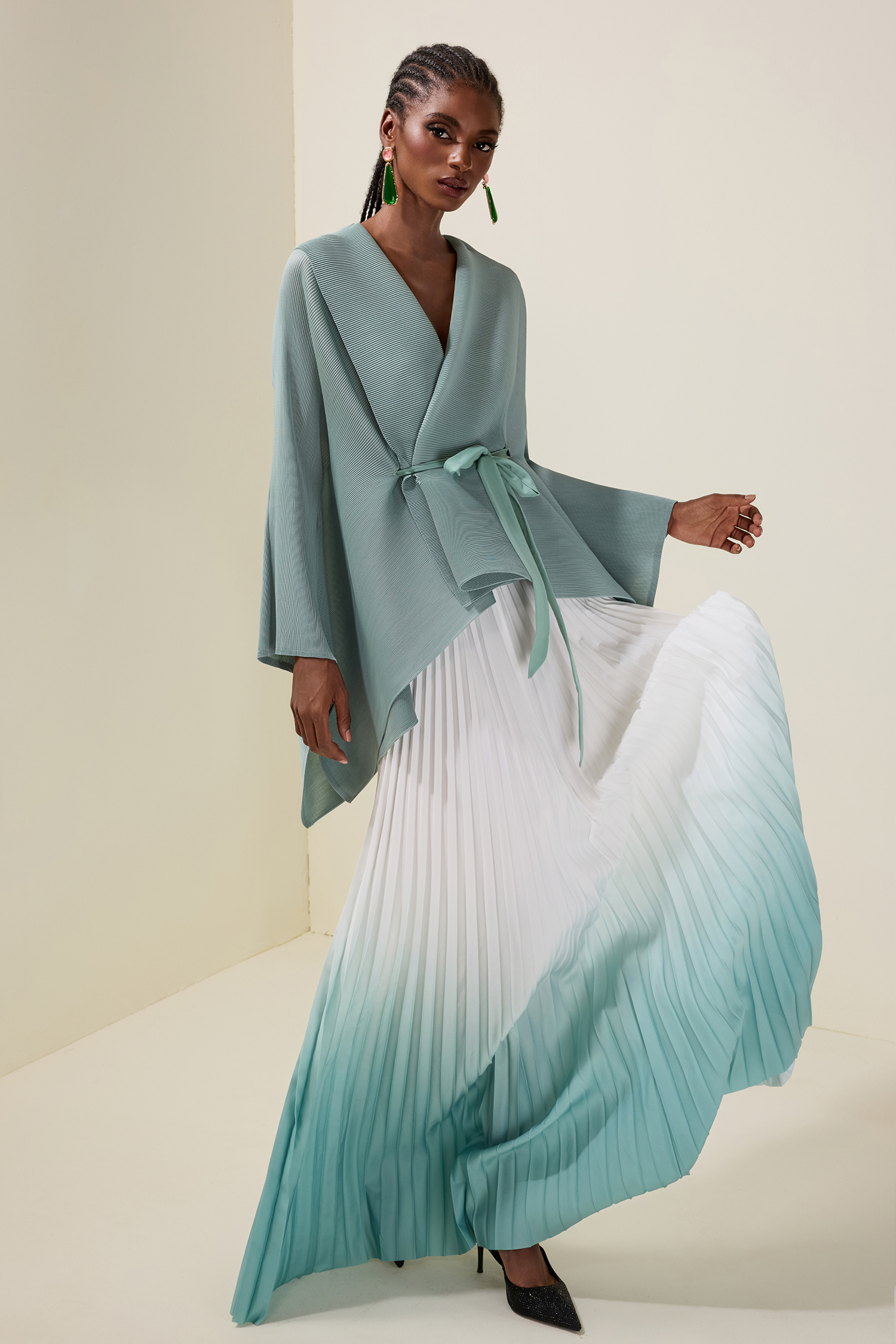 Pleated Wrap Top & Gradient Color Mid Waist Skirt Set