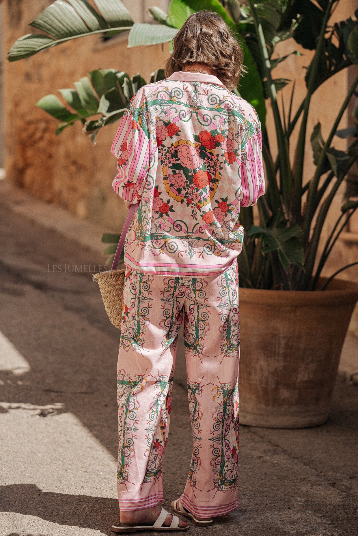 Floral Bottom Long Sleeve Top ＆ Mid Waist Wide Leg Pants Set