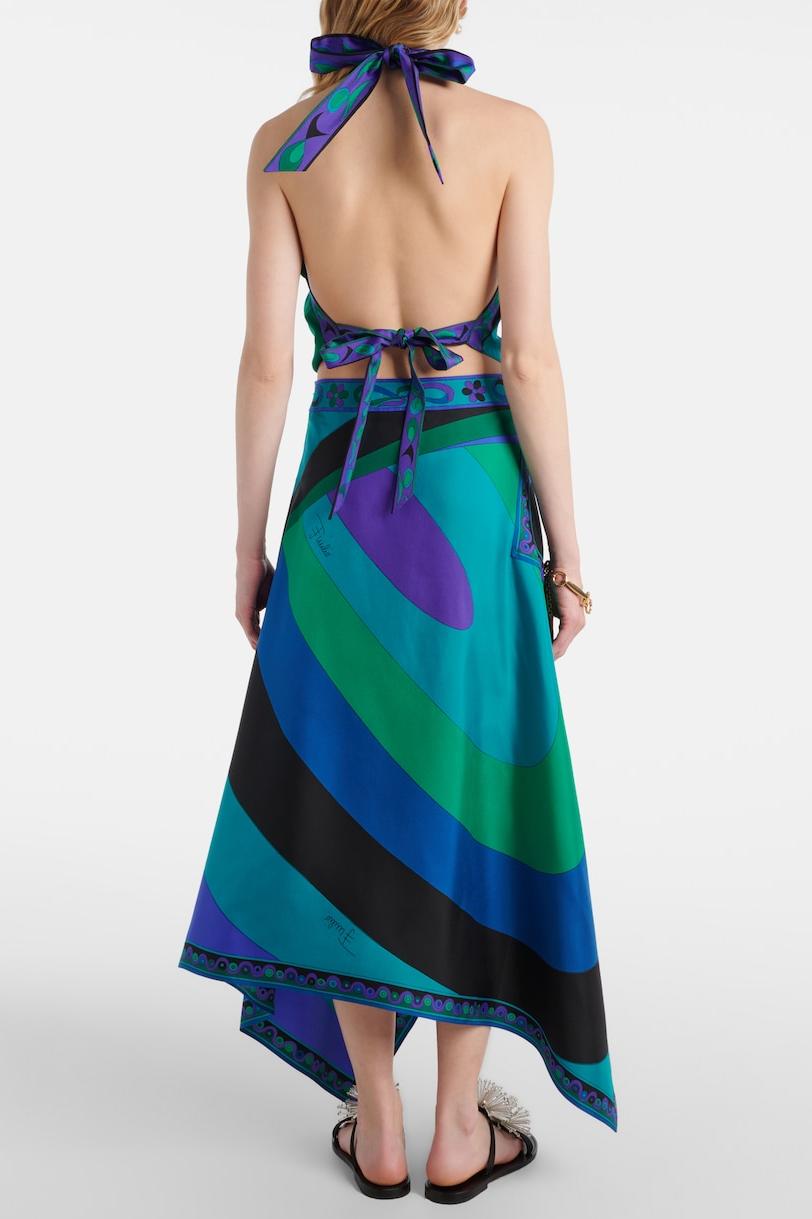 Satin Halter Neck Mini Top & Abstract Print Mid Waist Midi Skirt Set