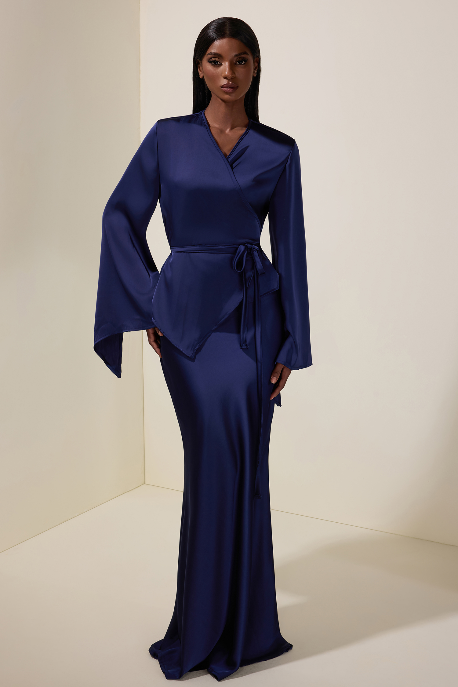 Satin Wrap Top & High Waist Maxi Skirt Set