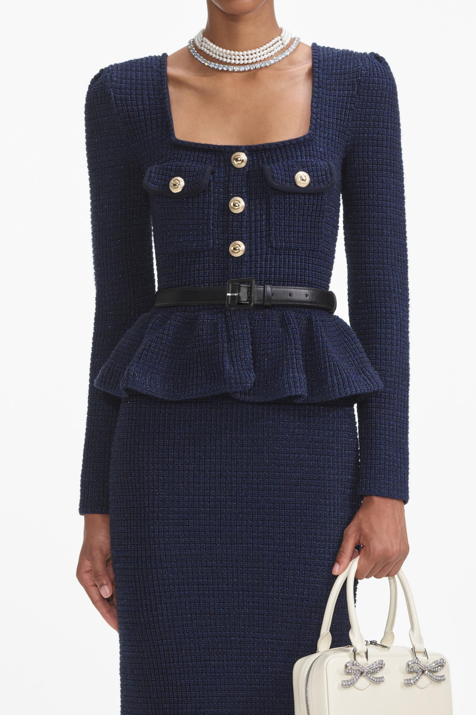 Knit Metal Button Square Collar Top & Mid Waist Midi Skirt Set