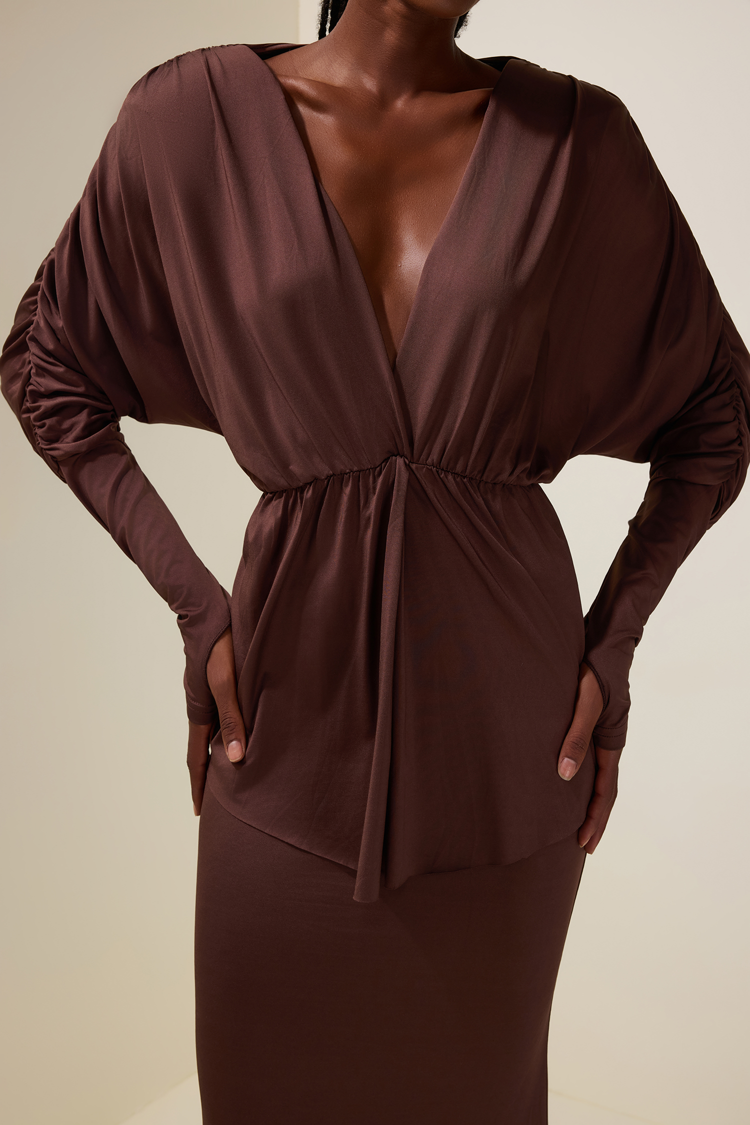 Jersey V-Neck Gathering Top & High Waist Maxi Skirt Set