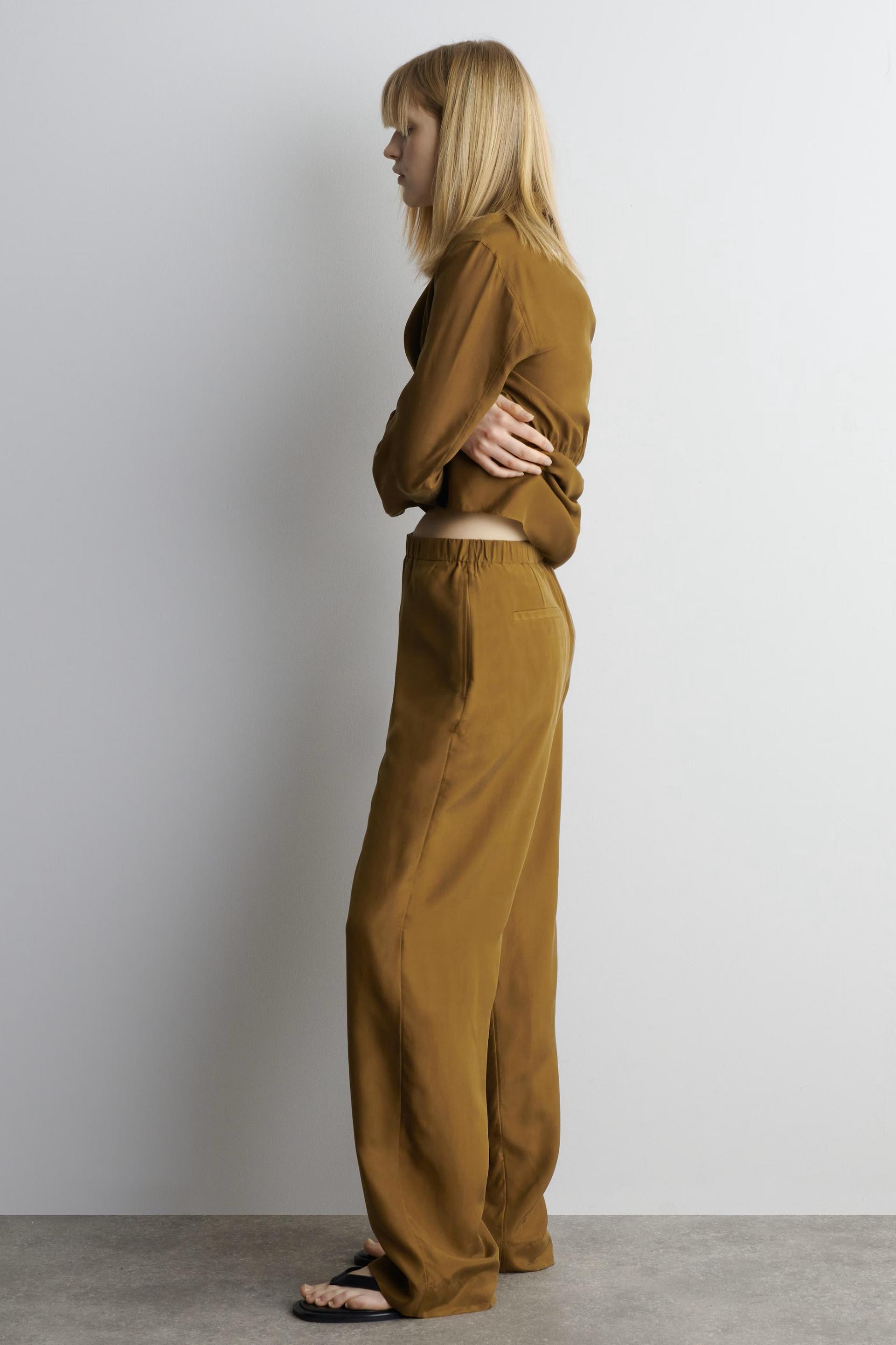 Satin Long Sleeve Top & High Waist Pants Set