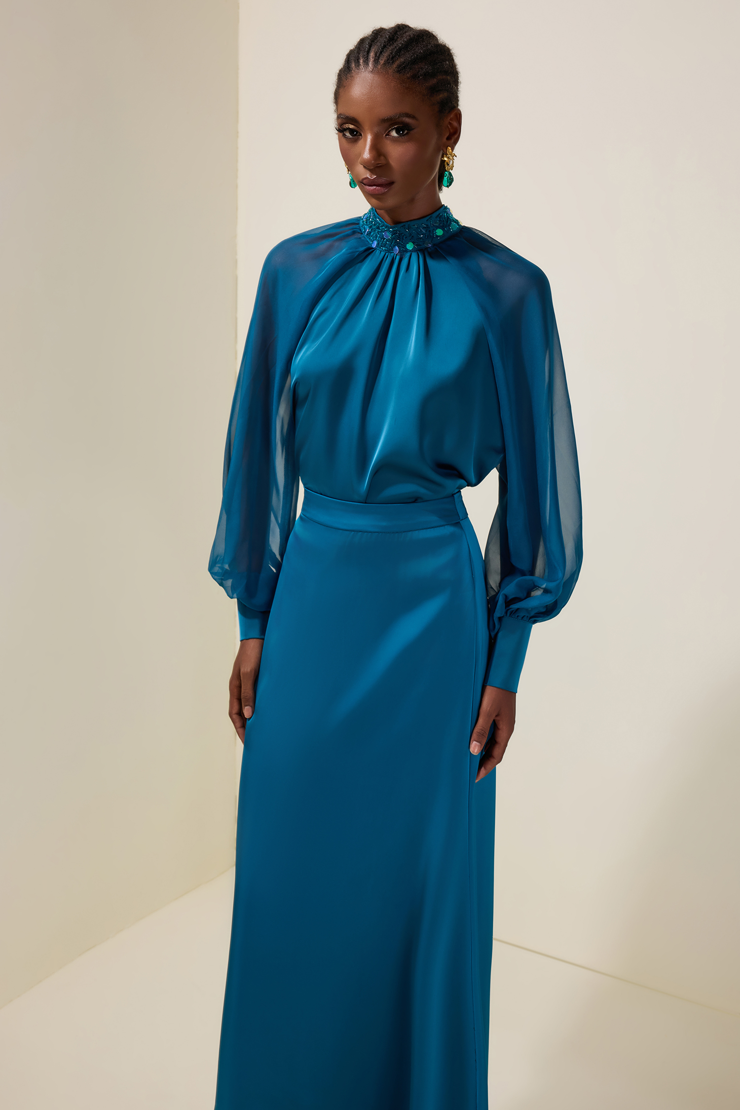 Satin Splicing Mesh Rivet Top & High Waist Maxi Skirt Set