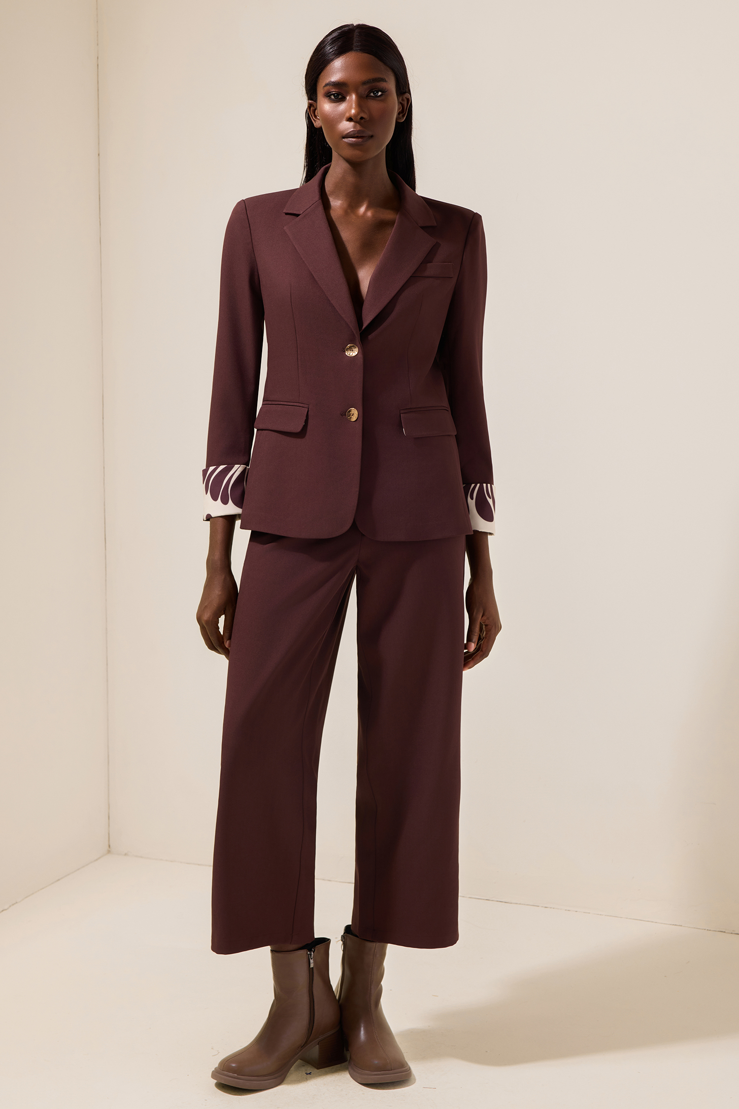 Metal Button Blazer & High Waist Pants Set With Belt