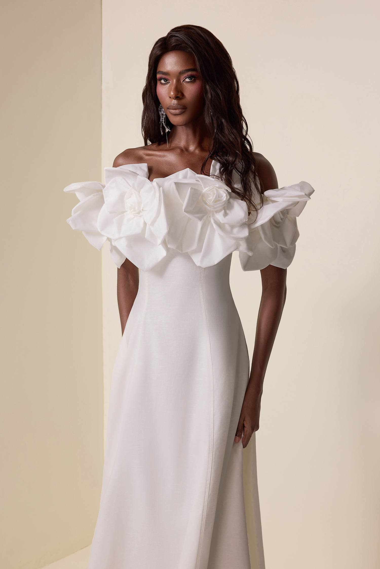 3D Flower Solid Off-Shoulder Midi Dress