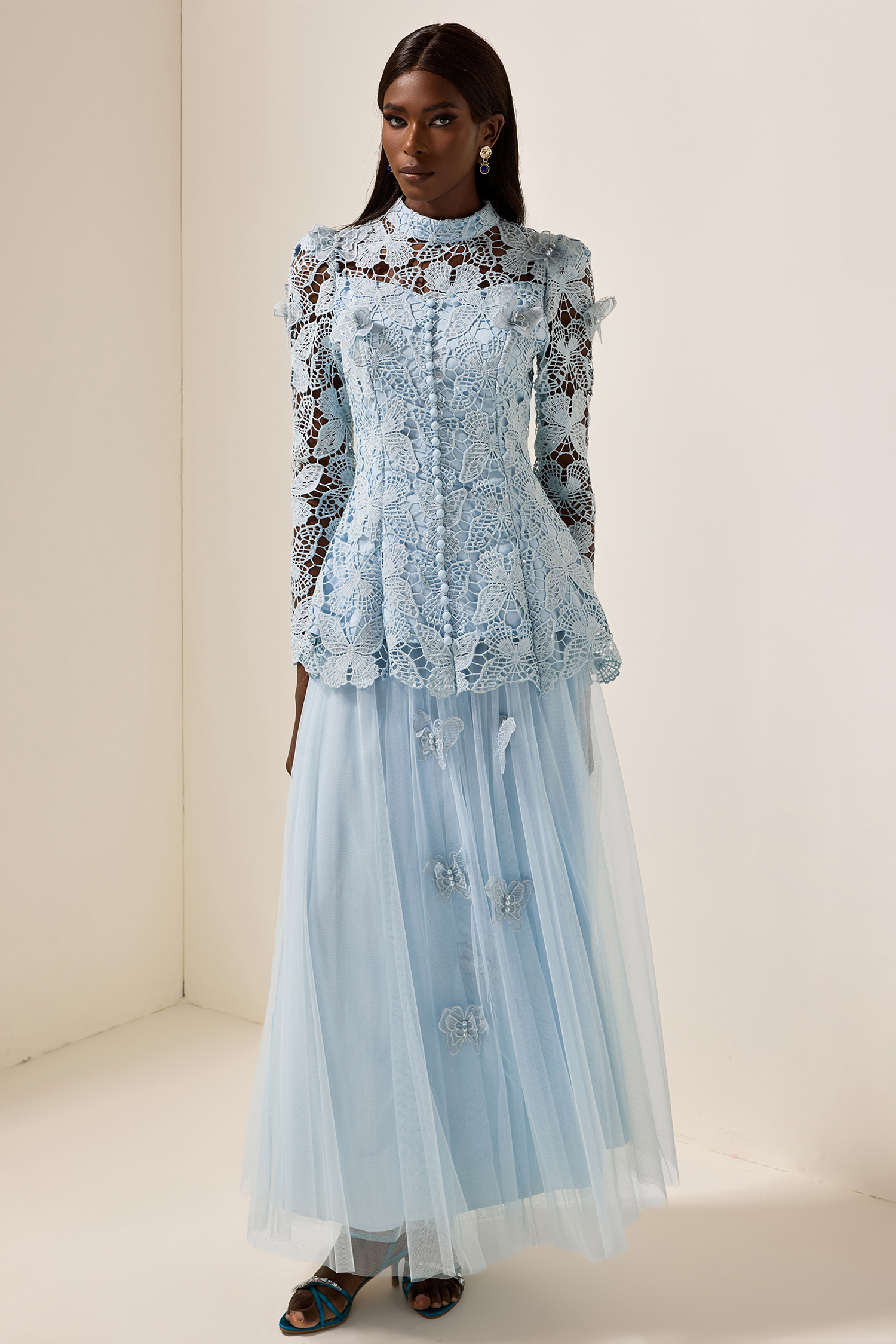 Embroidery Solid Top & Mesh Midi Skirt Set