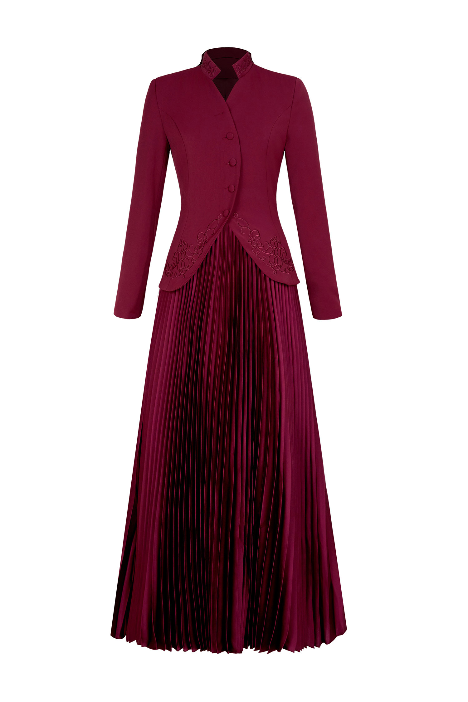 Embroidered Stand Collar Top & High Waist Pleated Maxi Skirt Set