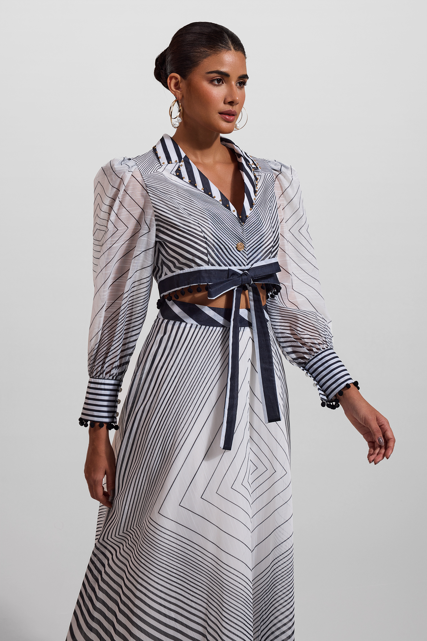 Stripe Lace Up Long Sleeve Top & Mid Waist Pleat Midi Skirt Set