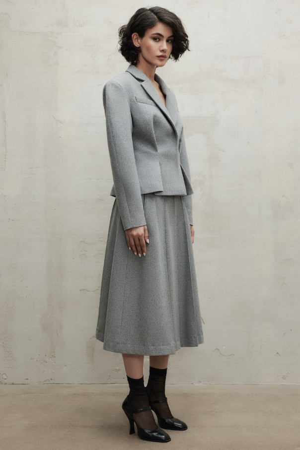 Woolen Flapped  Blazer & High Waist Midi Skirt Set