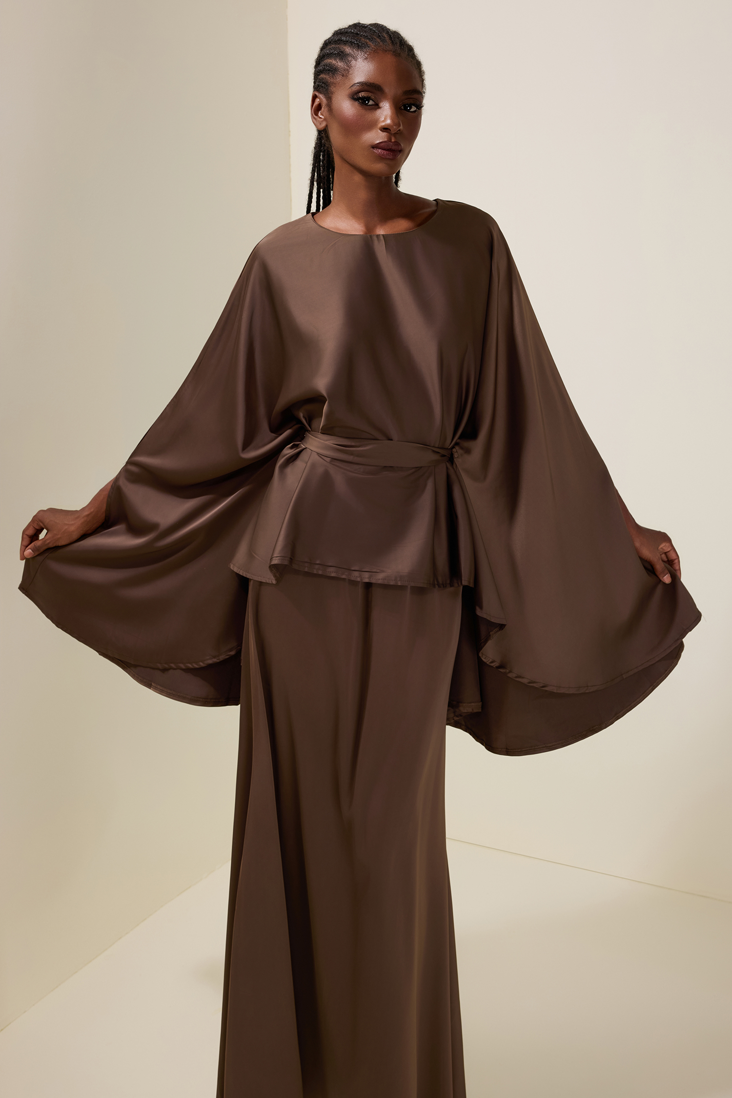 Satin Batwing Sleeve Top & Mid Waist Midi Skirt Set