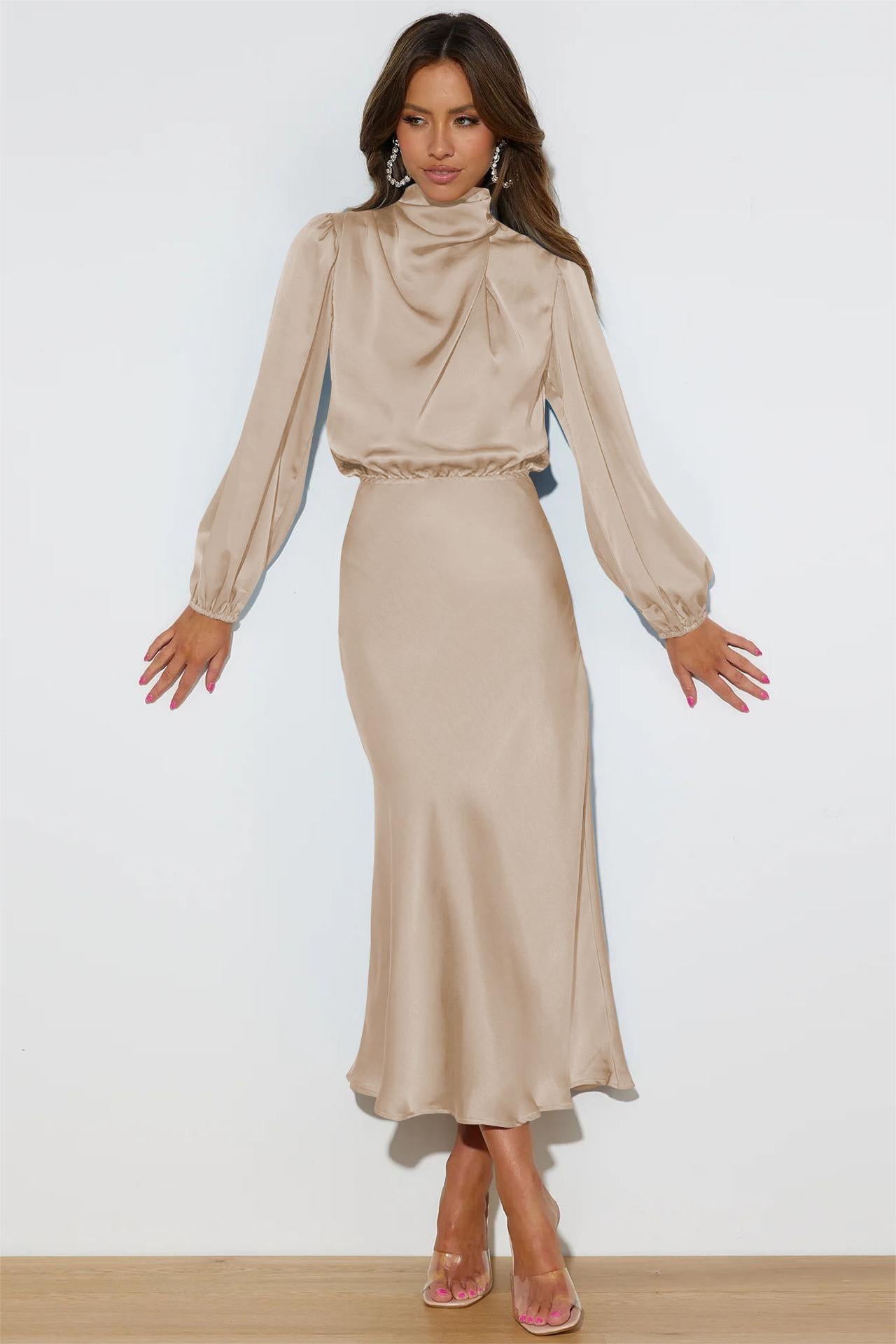 Satin High Neck Long Sleeve Midi Dress