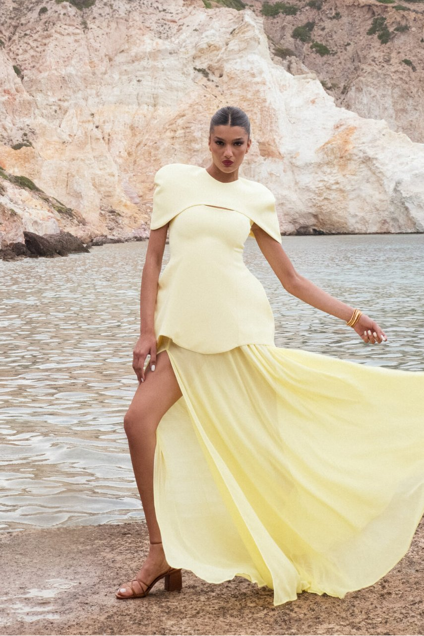 Satin Slip Top With Cape & High Waist Midi Skirt Set