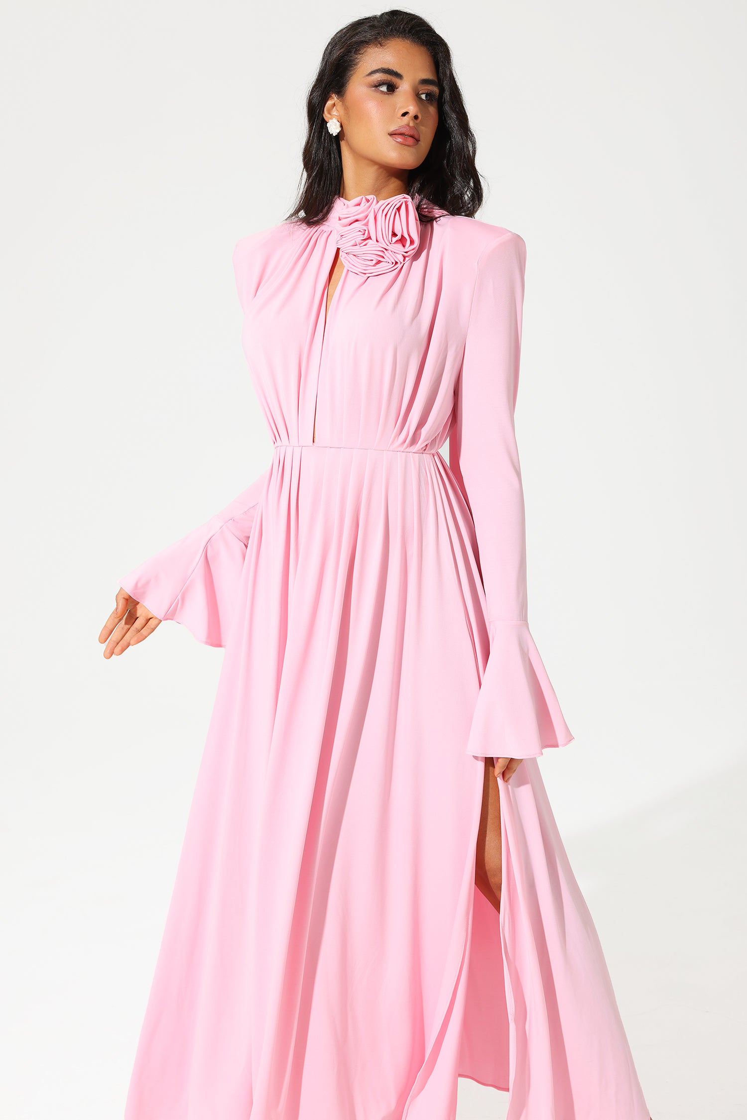 Lantern Sleeve High Collar Flower Slit Midi Dress