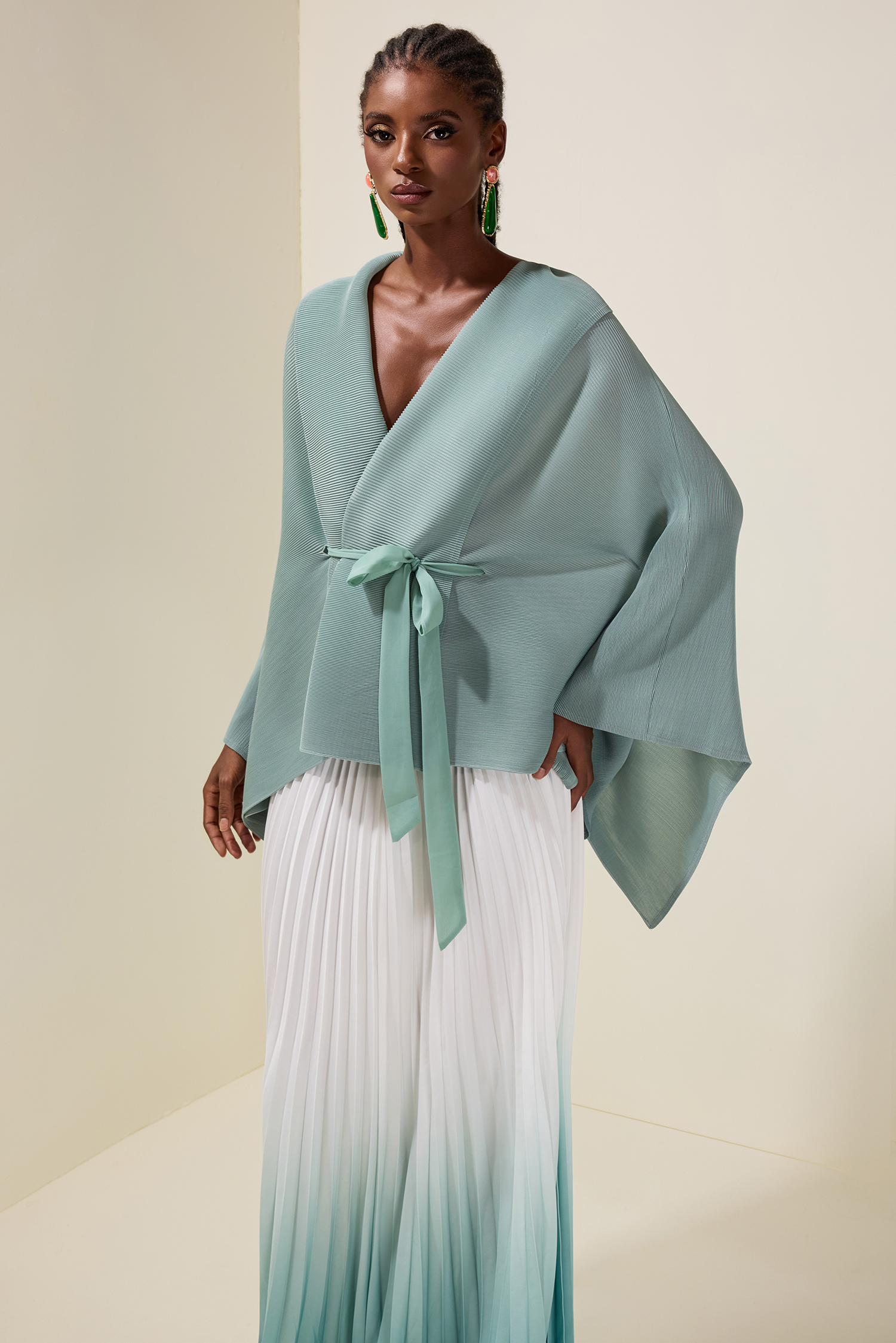 Pleated Wrap Top & Gradient Color Mid Waist Skirt Set