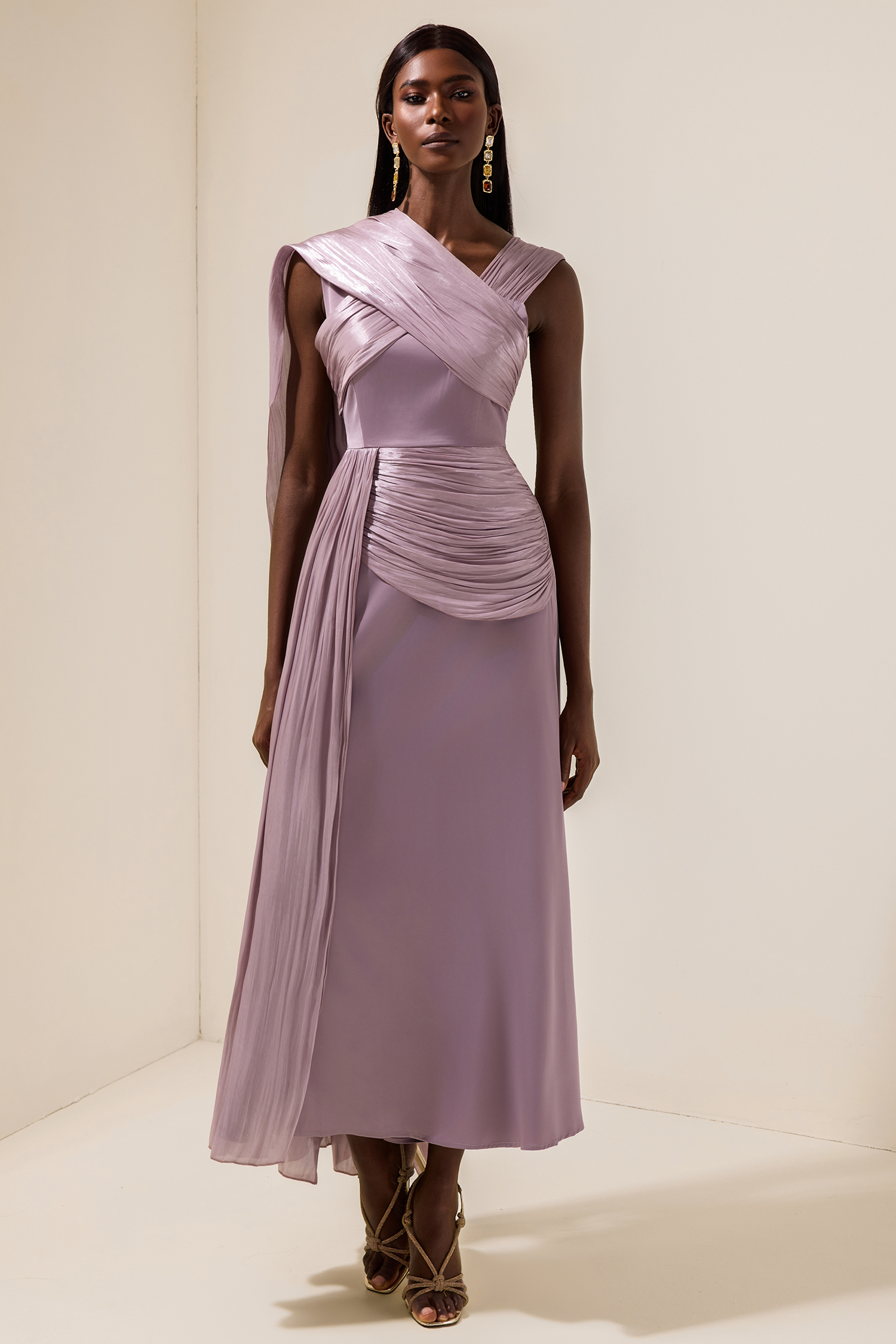 Satin Gathering Cape Sleeve Midi Dress