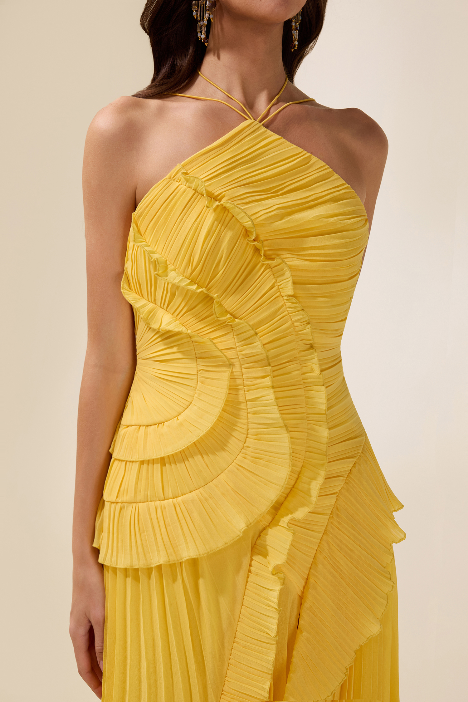 Pleated Frill Halter Neck Midi Dress