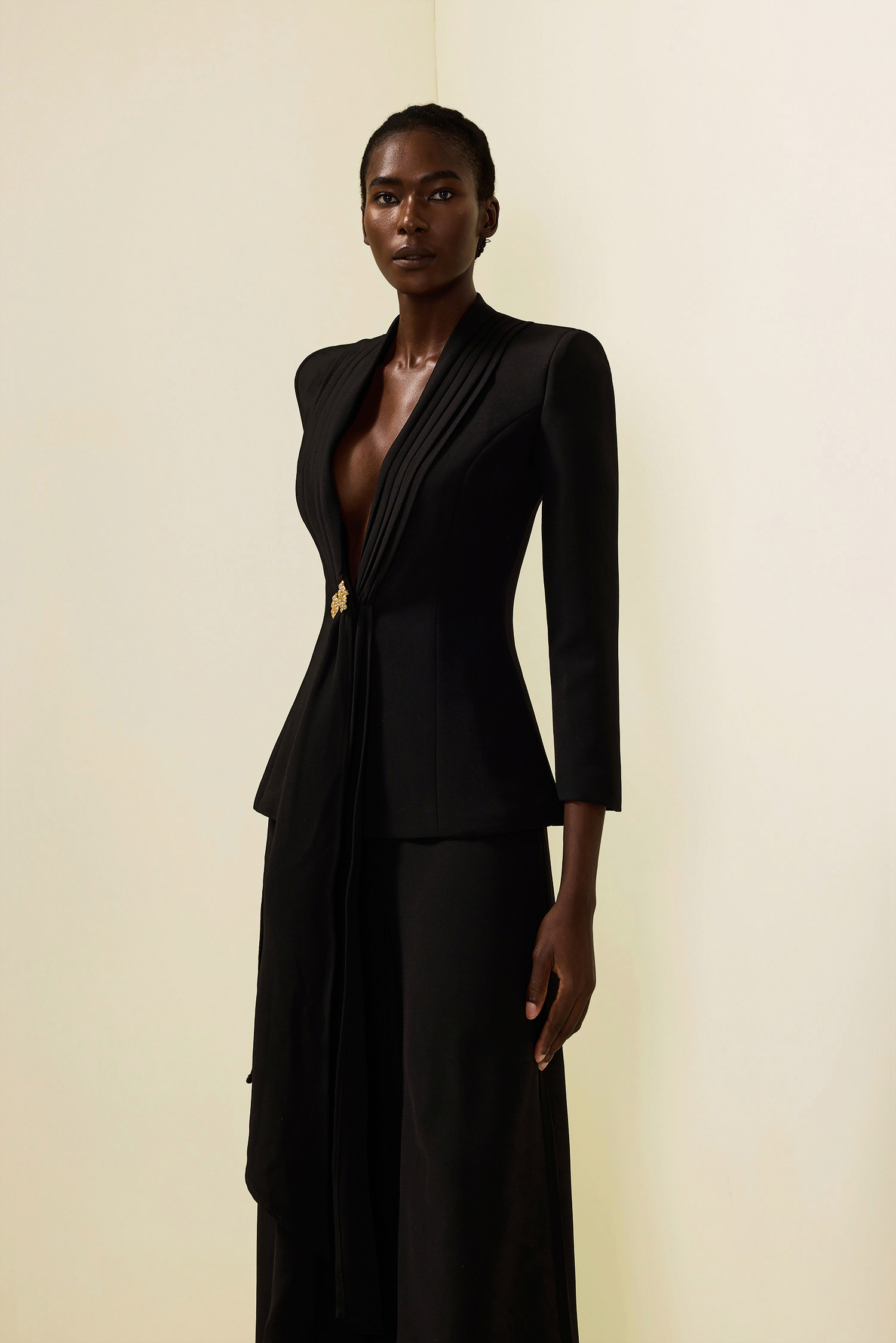 Solid Ruched Bottom Blazer ＆ Mid Waist Solid Pants Set