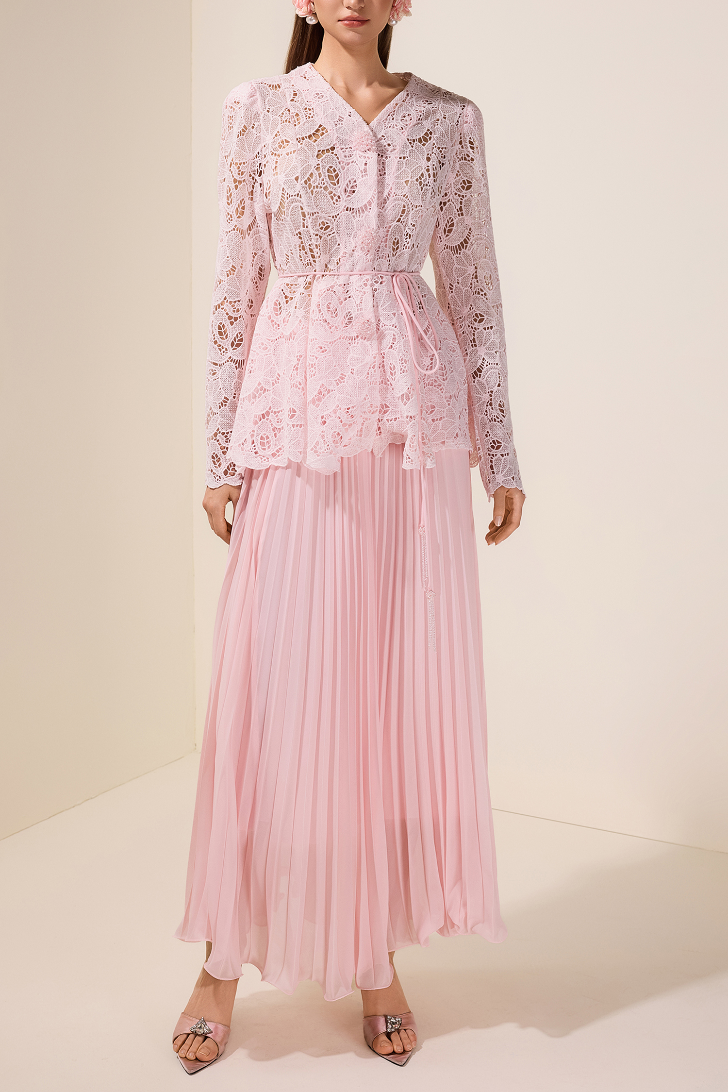 Lace Rhinestone Top With Belt & High Waist Pleated Maxi Skirt Set