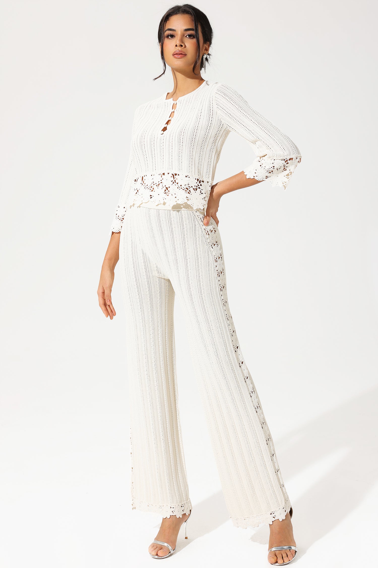 Crew Collar Cut-Out Lace Hem Knit Top & High Waist Lace Pants Set