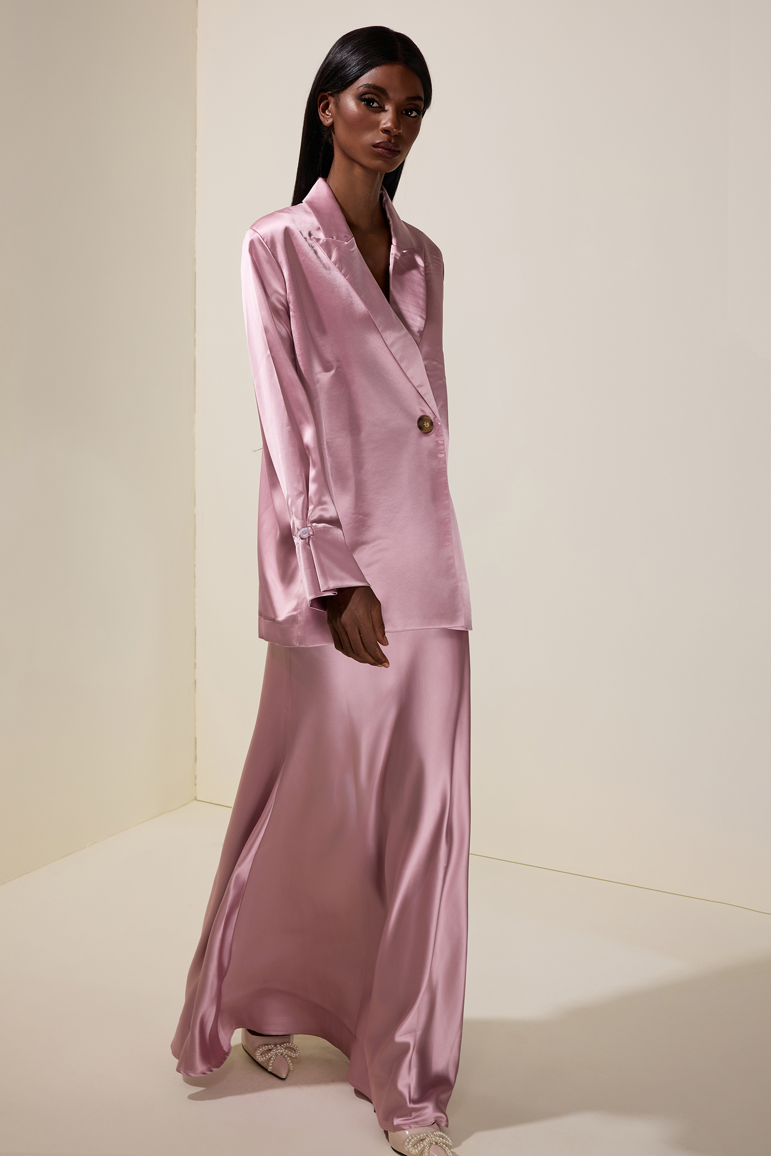 Satin Button Blazer & High Waist Maxi Skirt Set