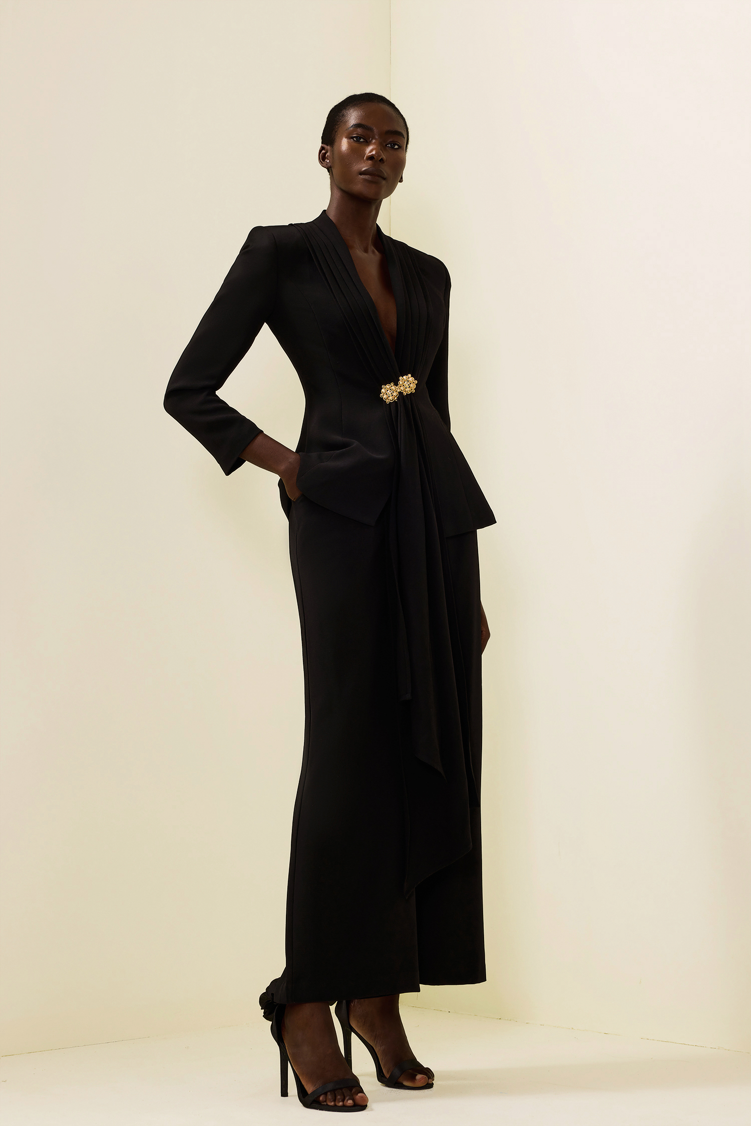 Solid Ruched Bottom Blazer ＆ Mid Waist Solid Pants Set