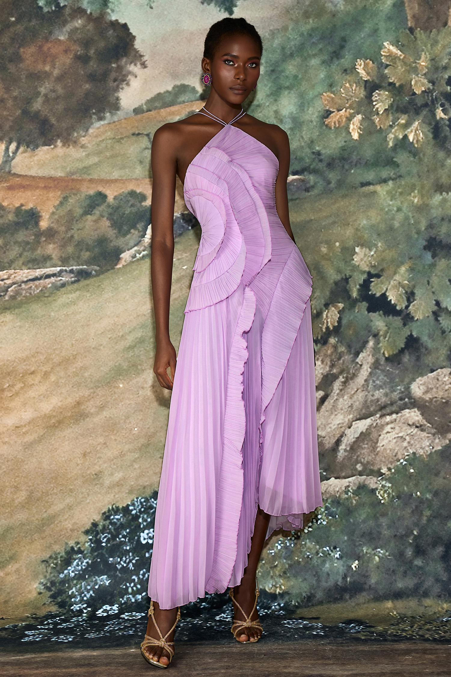 Pleated Frill Halter Neck Midi Dress