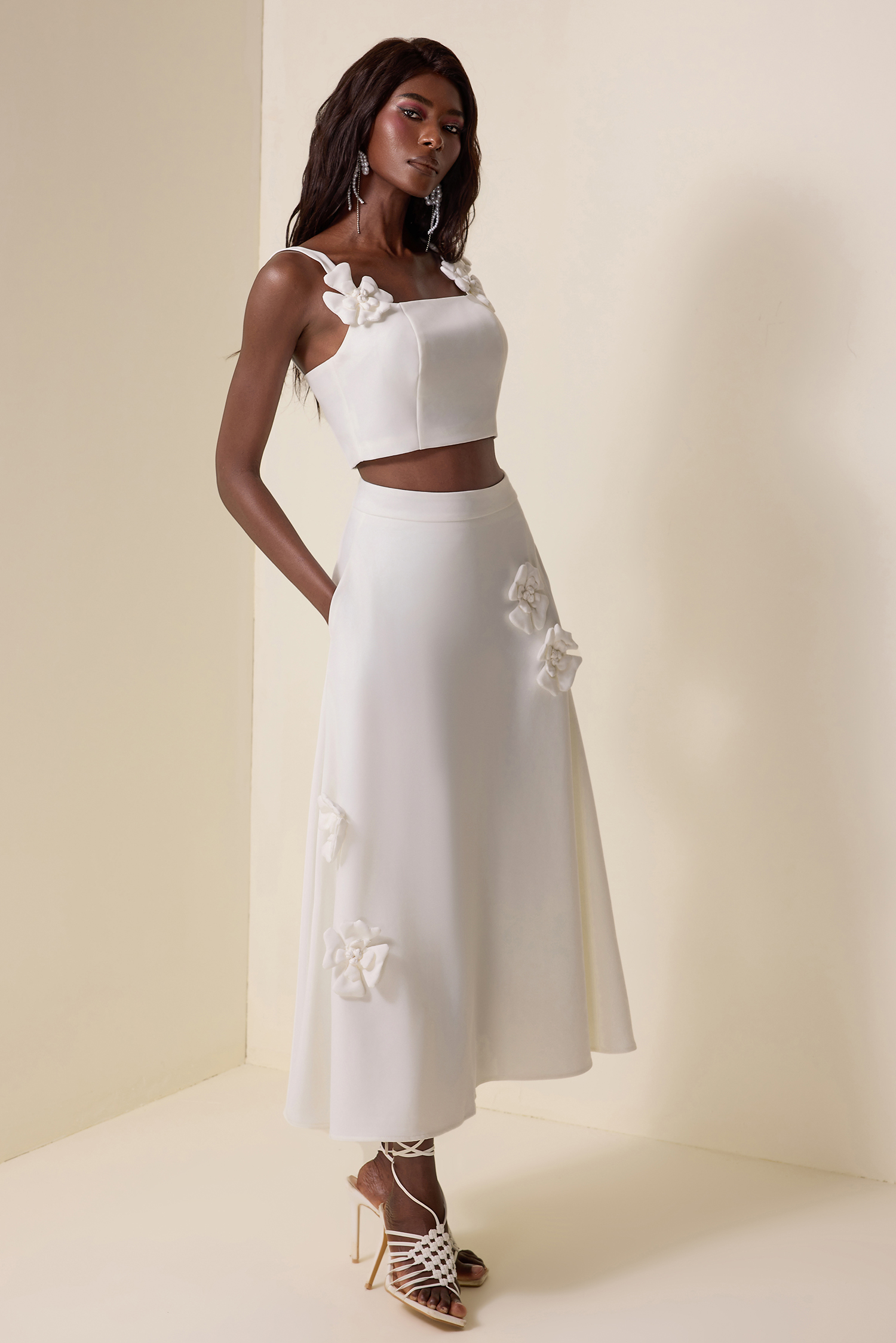 3D Flower Square Collar Solid Top & High Waist Skirt Set