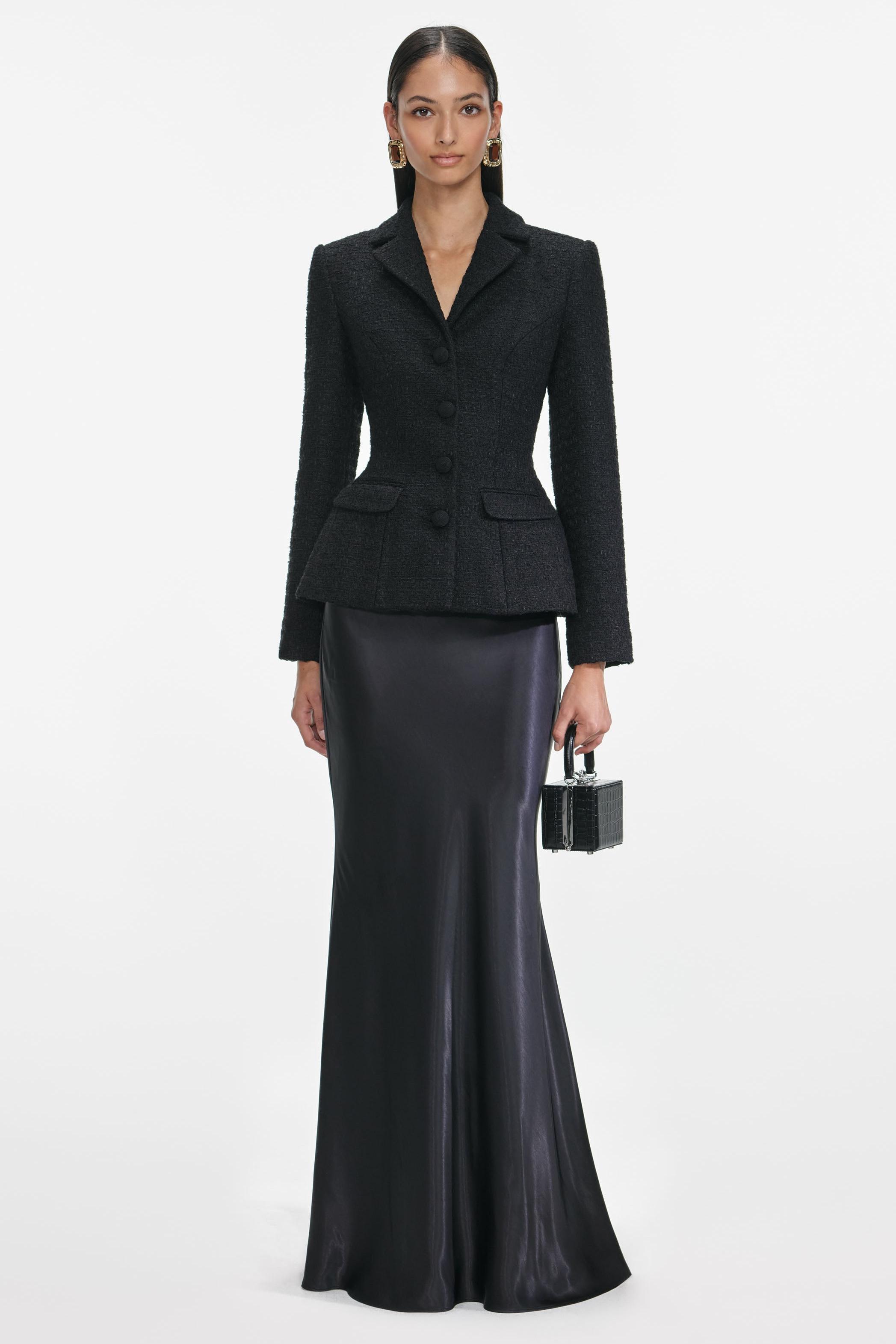 Tweed Single Breasted Tailored Collar Blazer & Satin High Waist Maxi Skirt Set