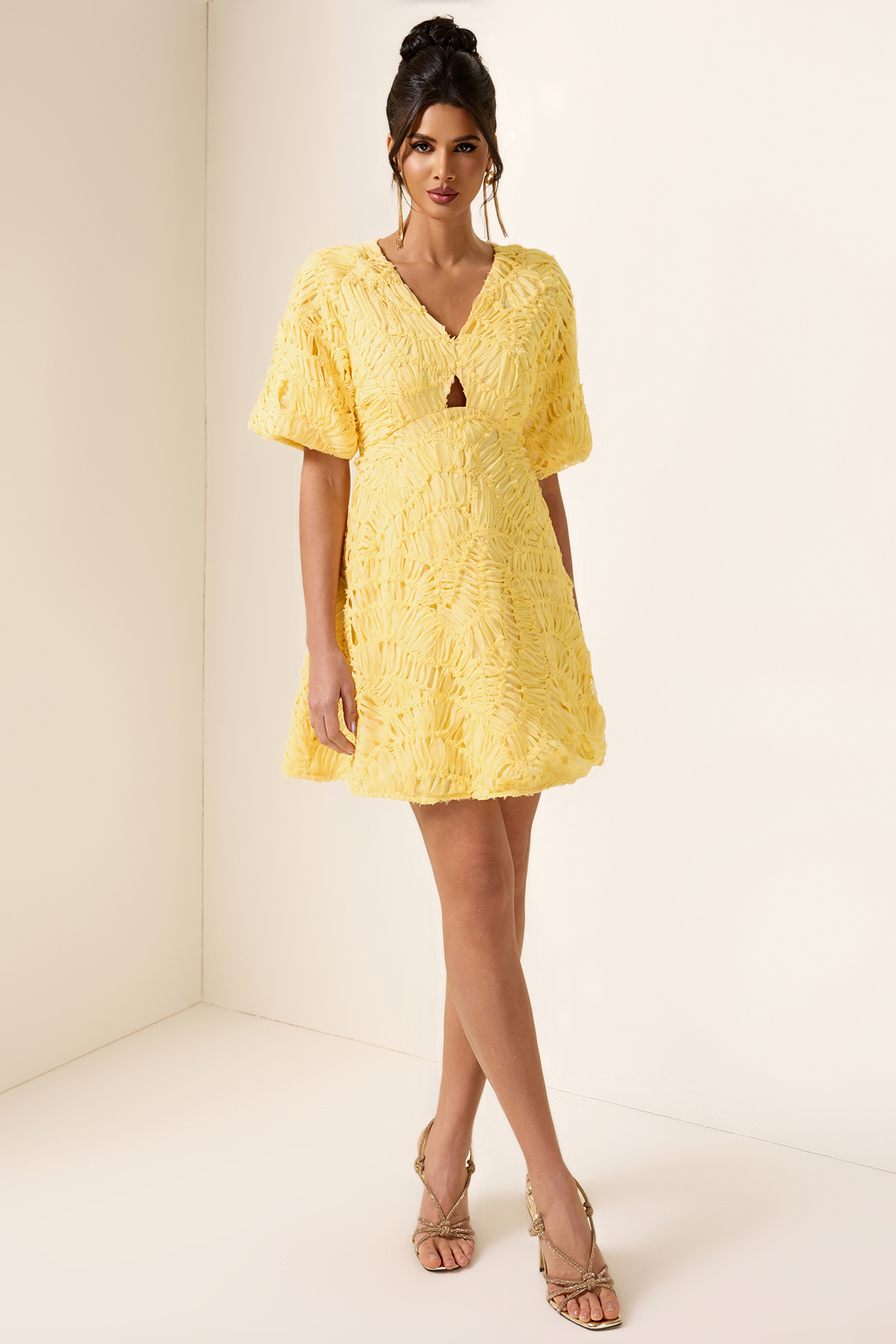 Cut-Out V-Neck Puff Sleeve Mini Dress