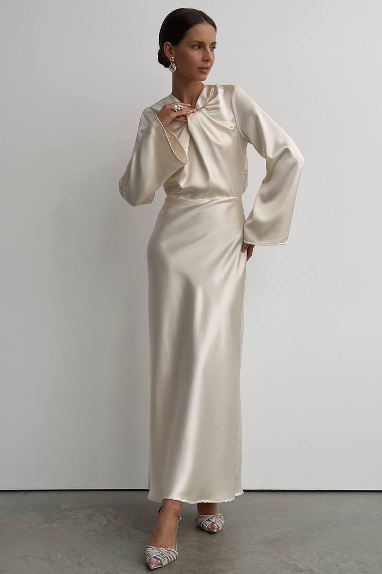 Satin Backless Knotted Bell Sleeve Midi Dress
