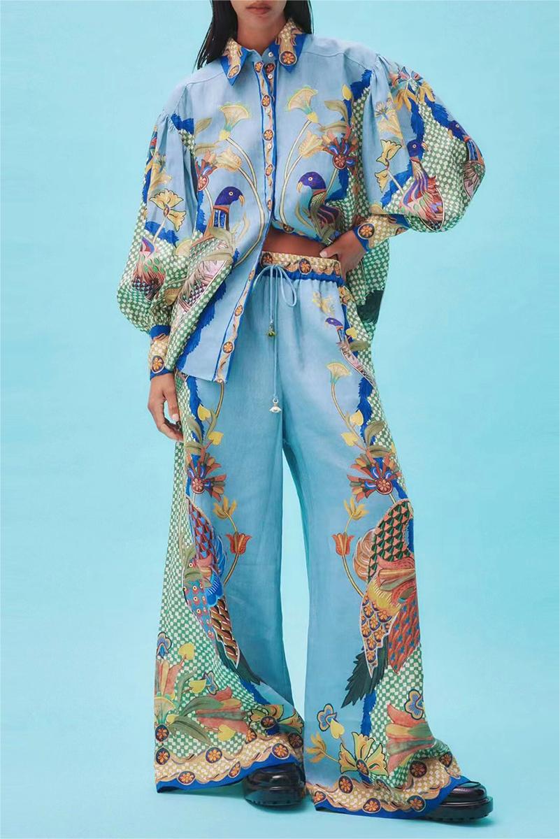 Boho Lantern Sleeve Lapel Buckle Pants Set