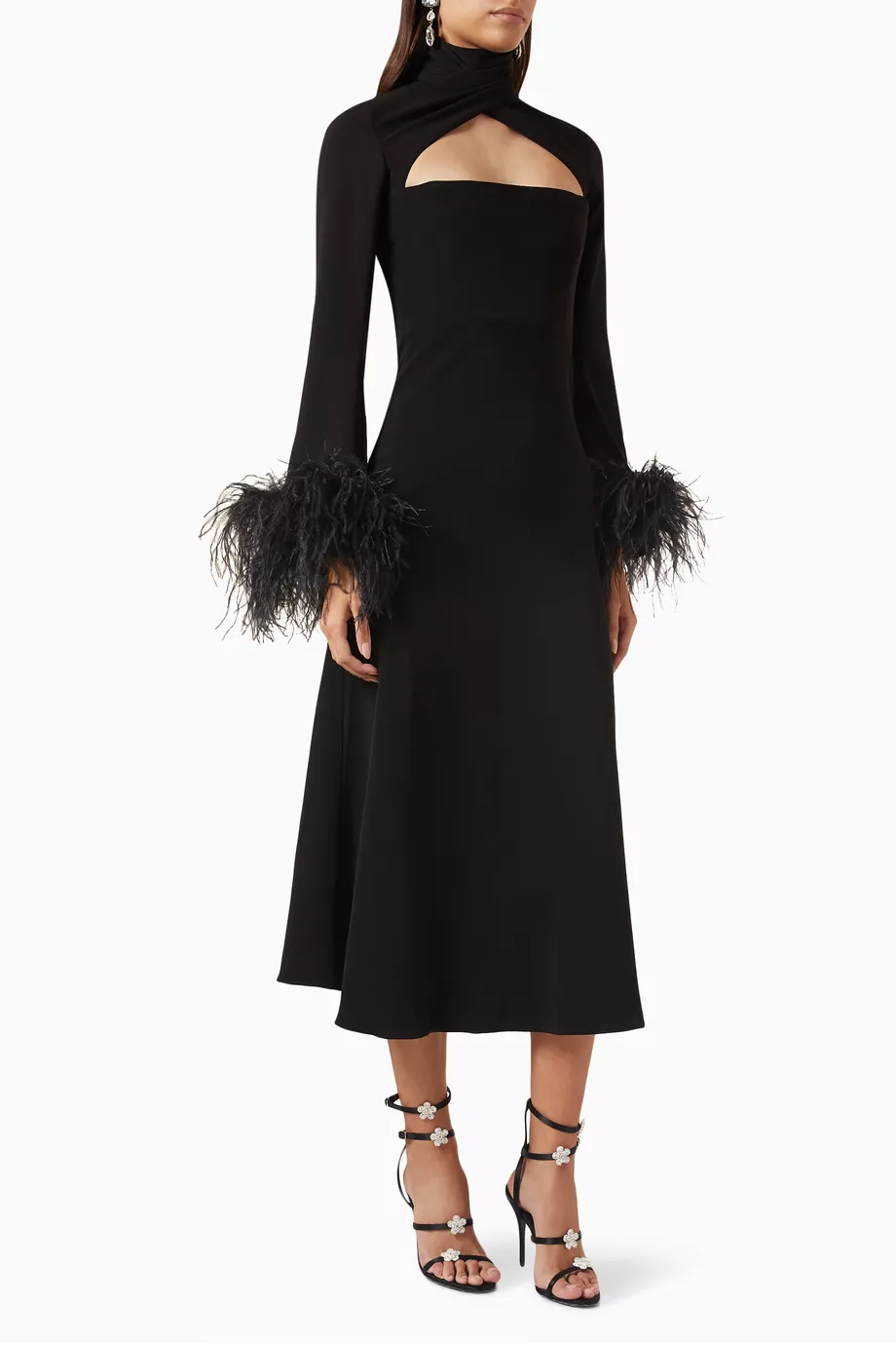 Feather Solid High Neck Midi Dress Black