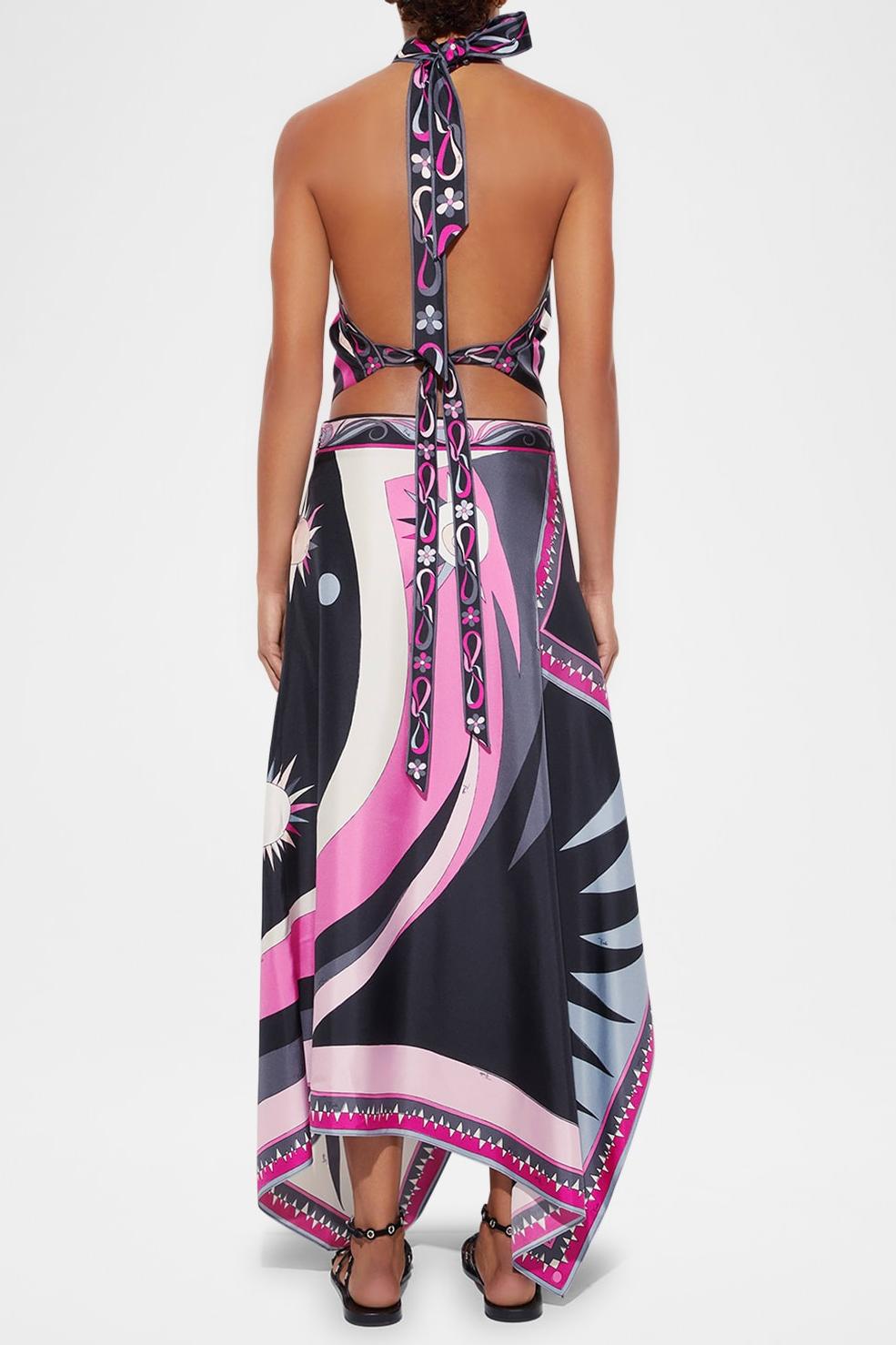 Satin Halter Neck Mini Top & Abstract Print Mid Waist Midi Skirt Set