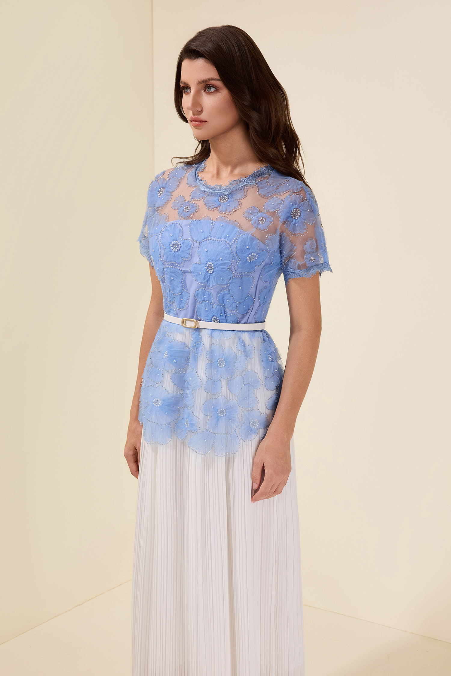 Lace Splicing Pleated Midi Dress With Belt