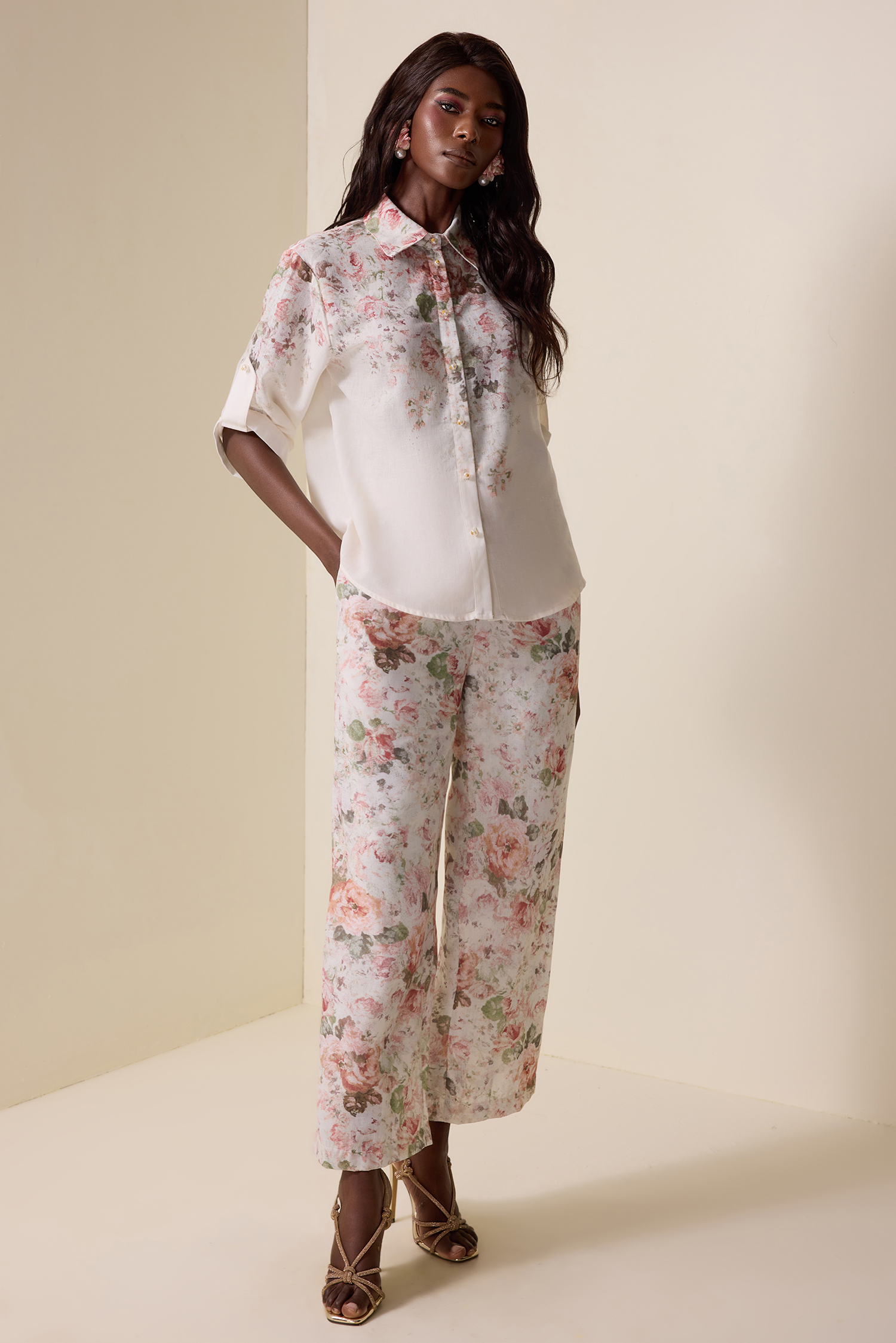 Floral Shirt Collar Short Sleeve Top & High Waist Pants Set