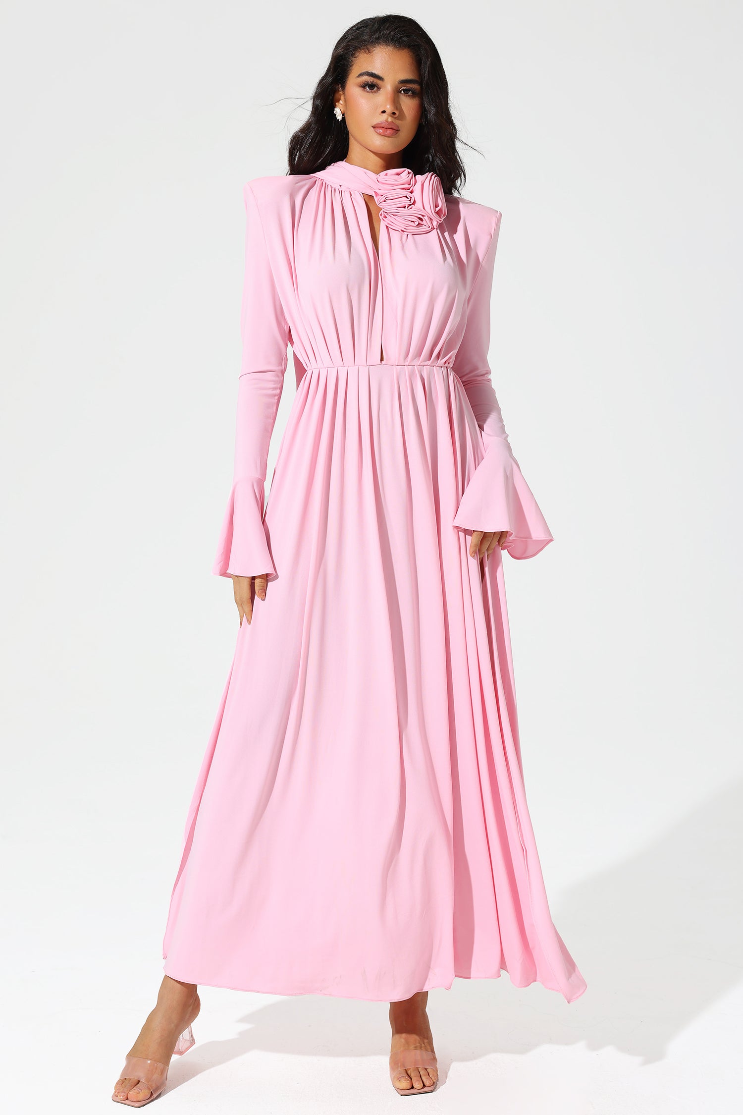 Lantern Sleeve High Collar Flower Slit Midi Dress