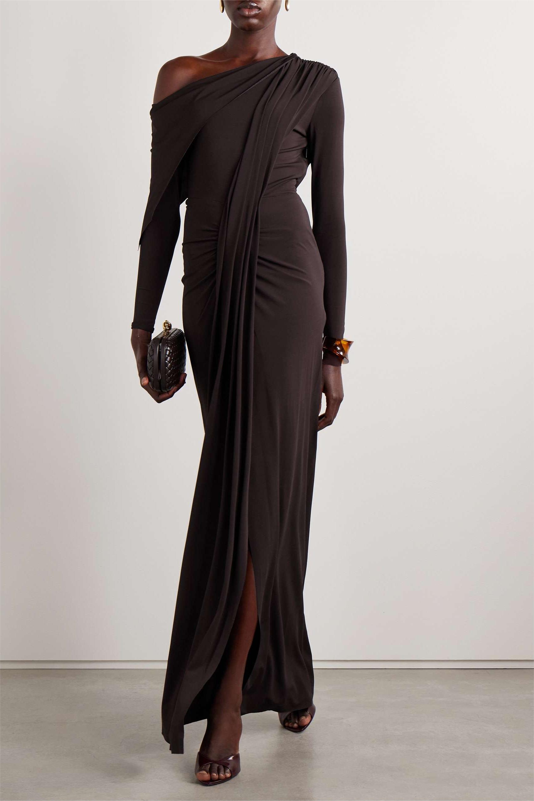 Skew Collar Jersey Split Midi Dress