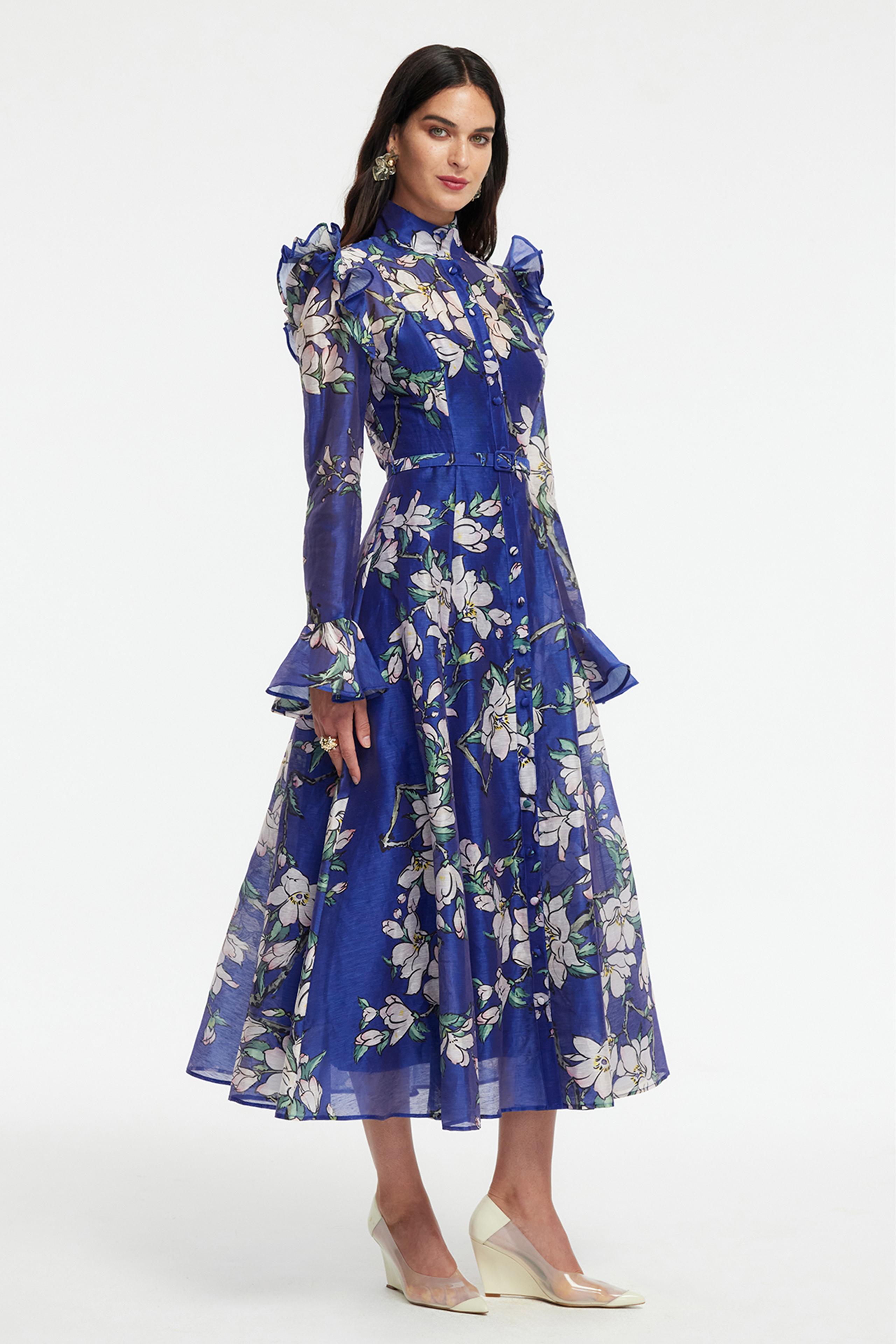 Floral Ruffle Midi Dress With Belt