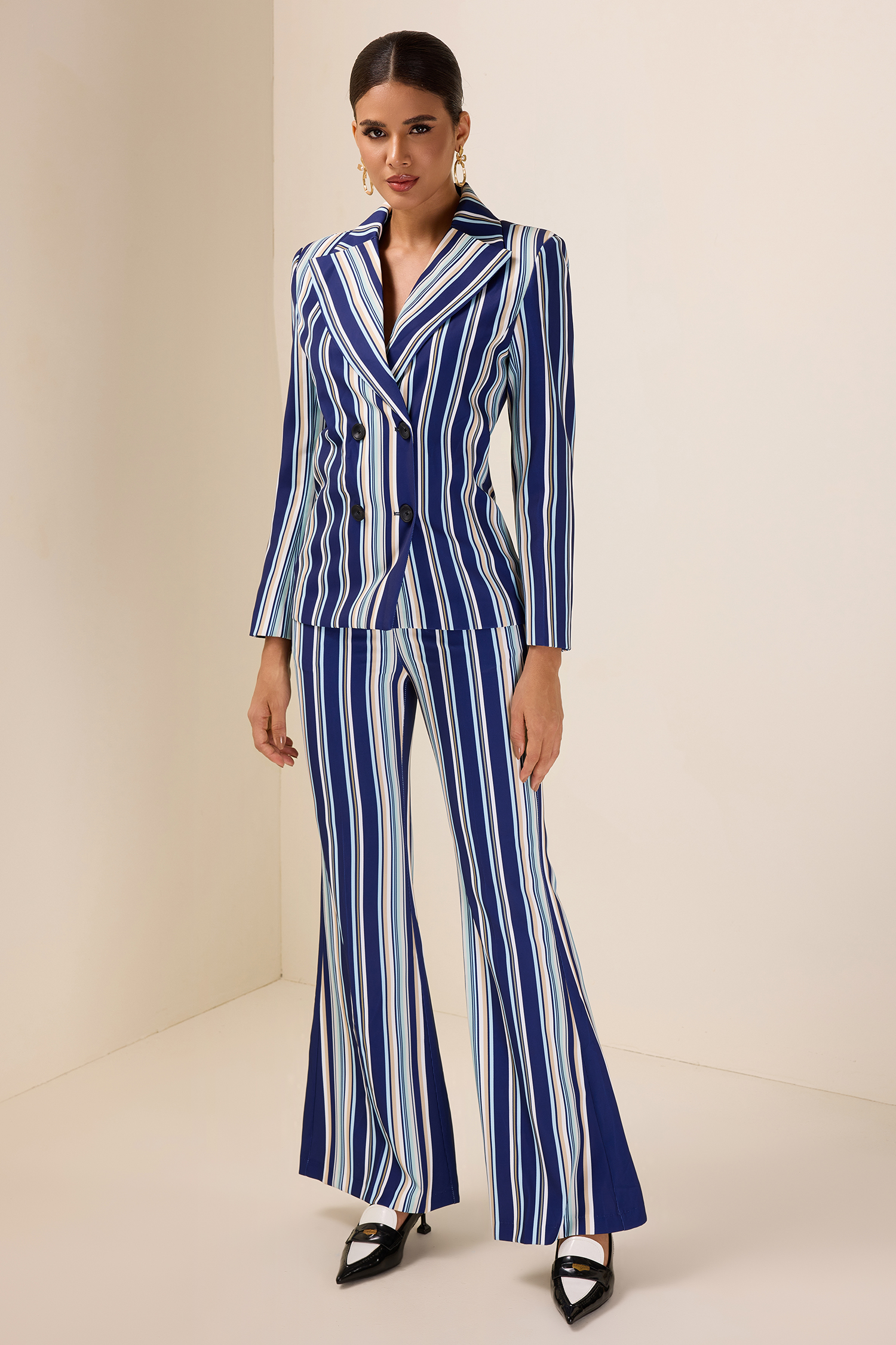Stripe Button Blazer & High Waist Pocket Pants Set