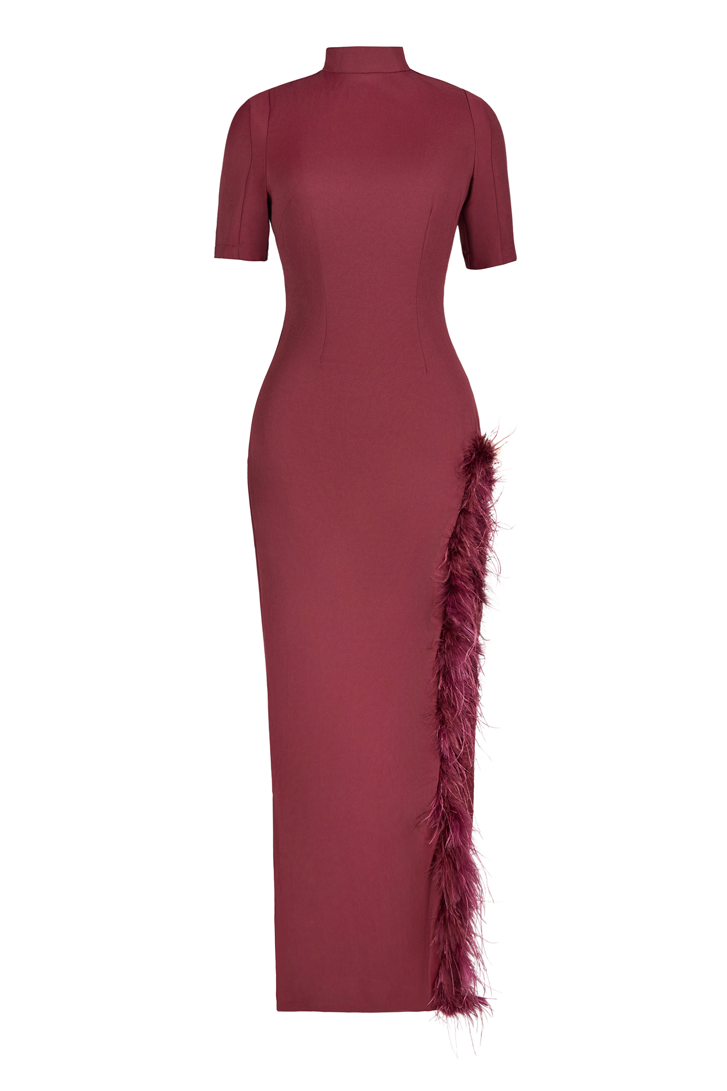 Feather Stand Collar Slit Midi Dress