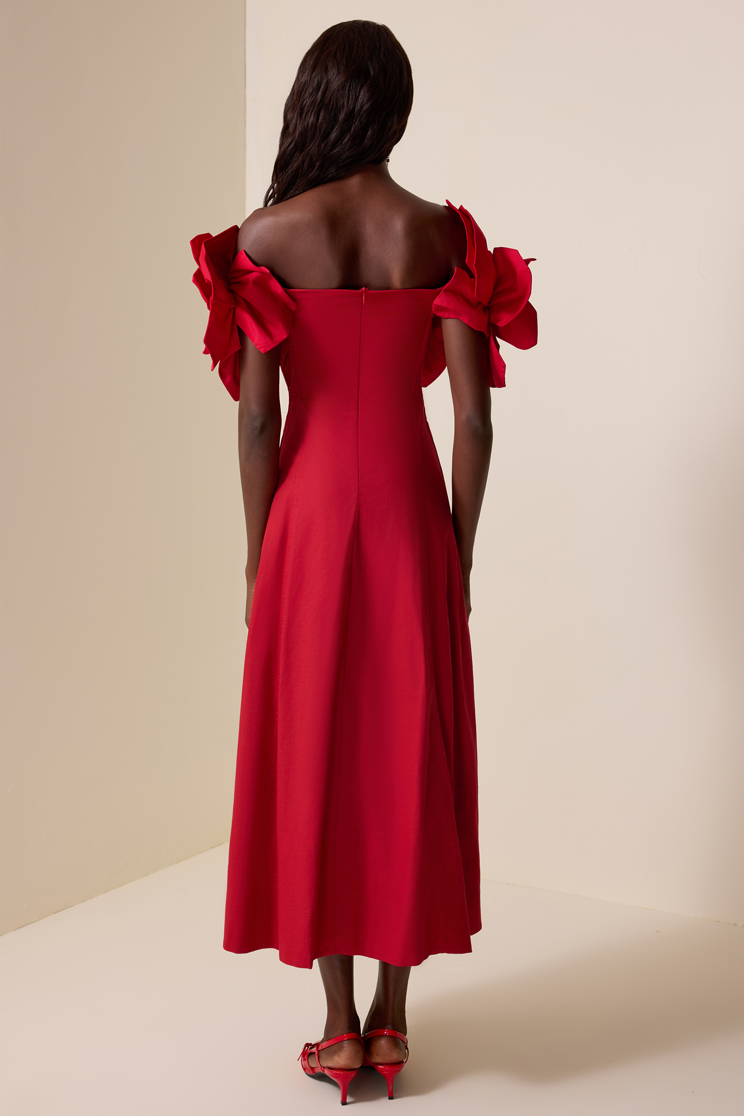 3D Flower Solid Off-Shoulder Midi Dress